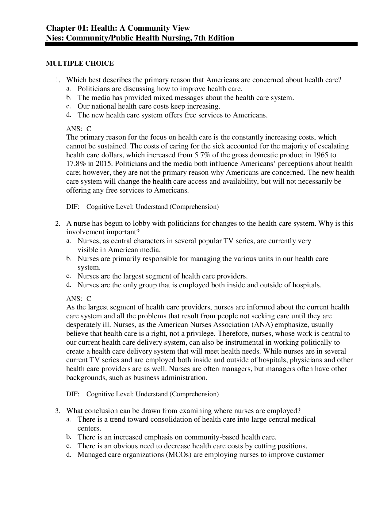Community/Public Health Nursing, 7th Edition Test Bank