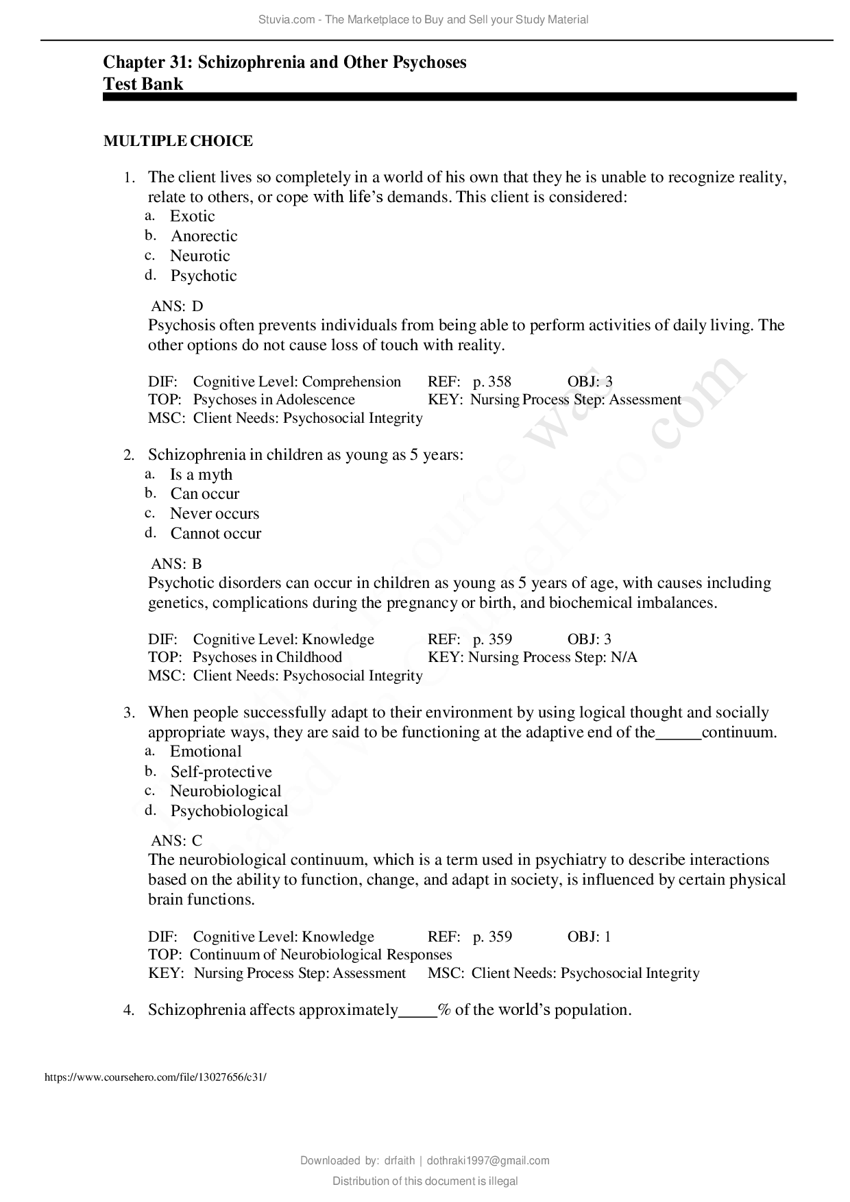 Schizophrenia and Other Psychoses Test Bank