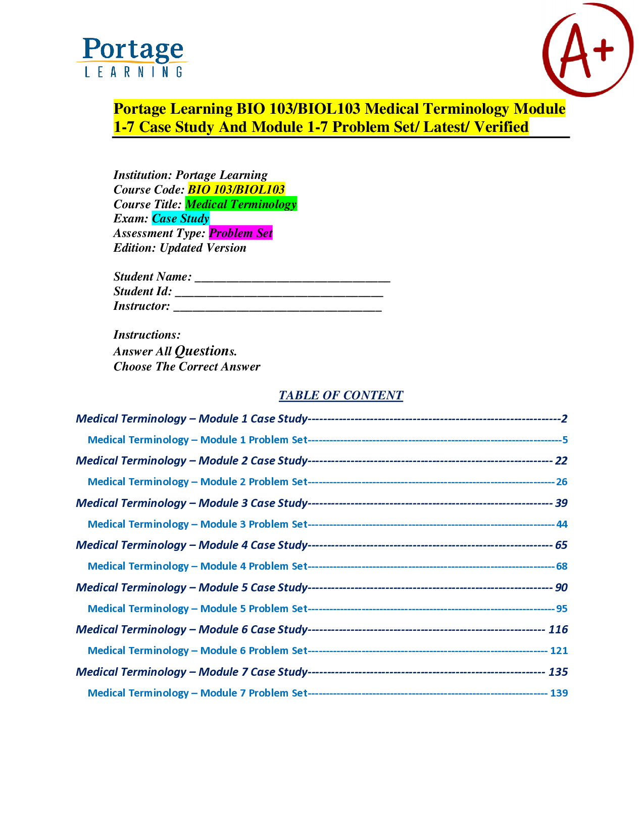 Portage Learning BIO 103 Medical Terminology Modules 1-7 Case Studies and Problem Sets