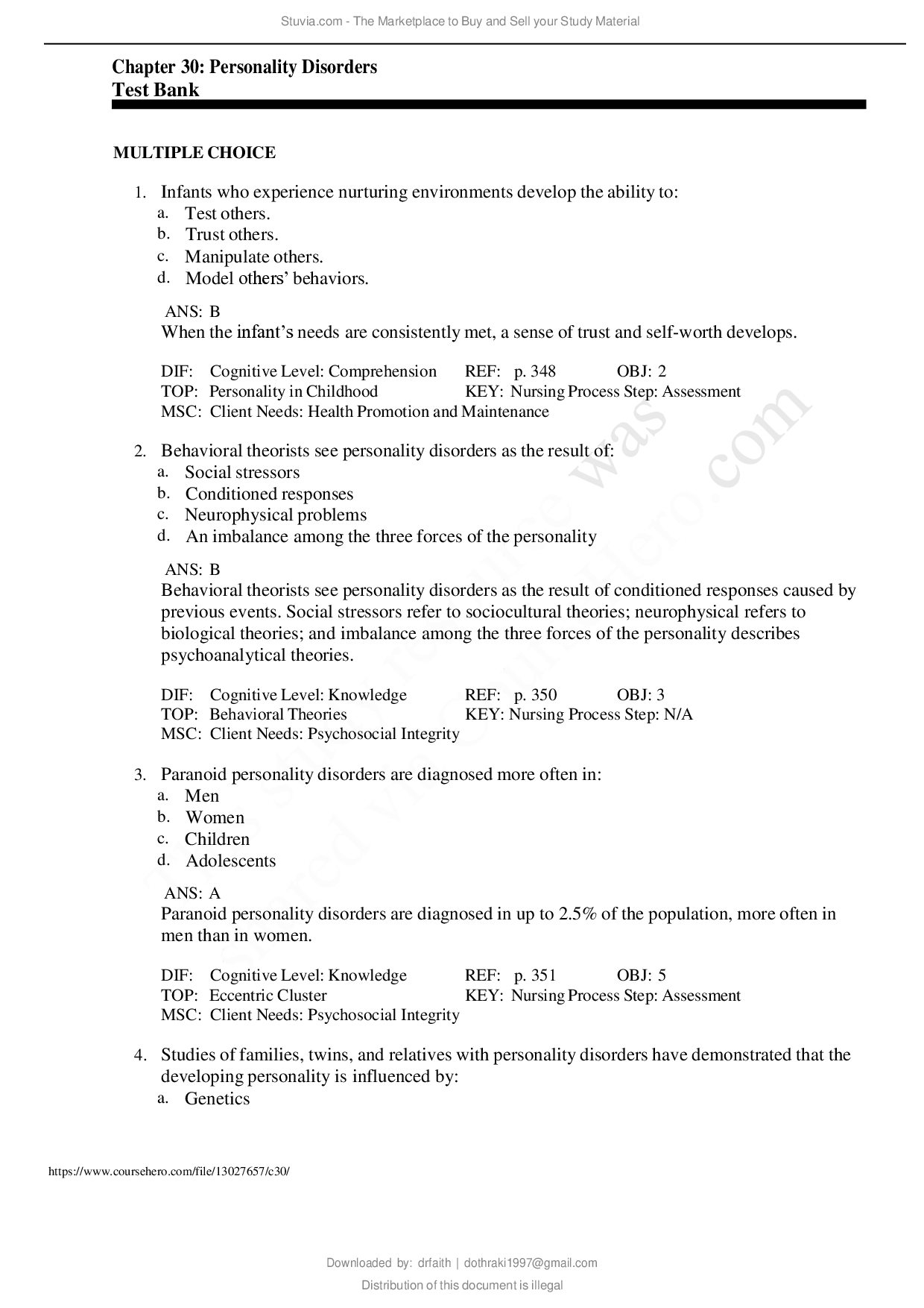 Personality Disorders Chapter 30 Test Bank