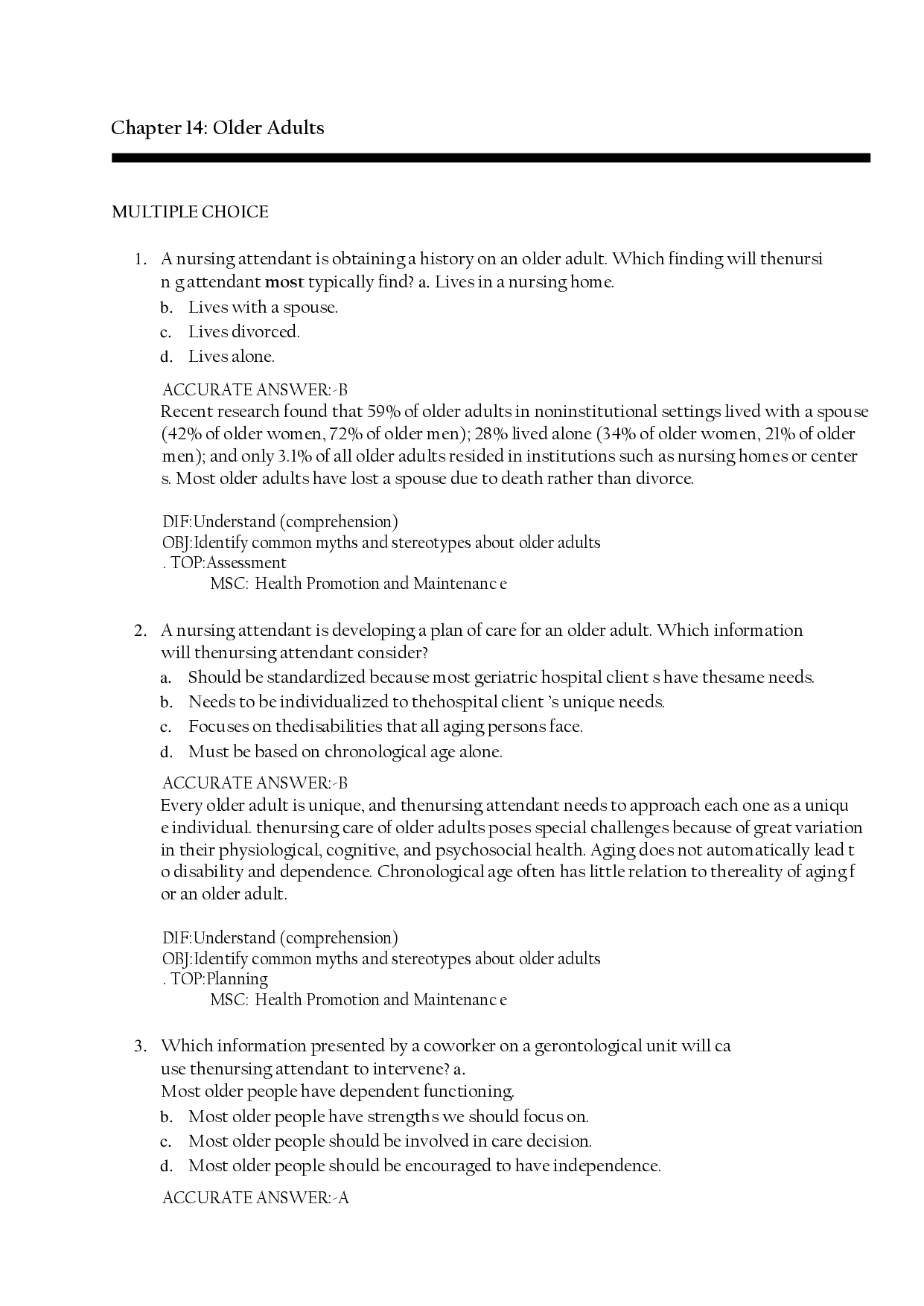 Older Adults, Chapter 14 Test Bank