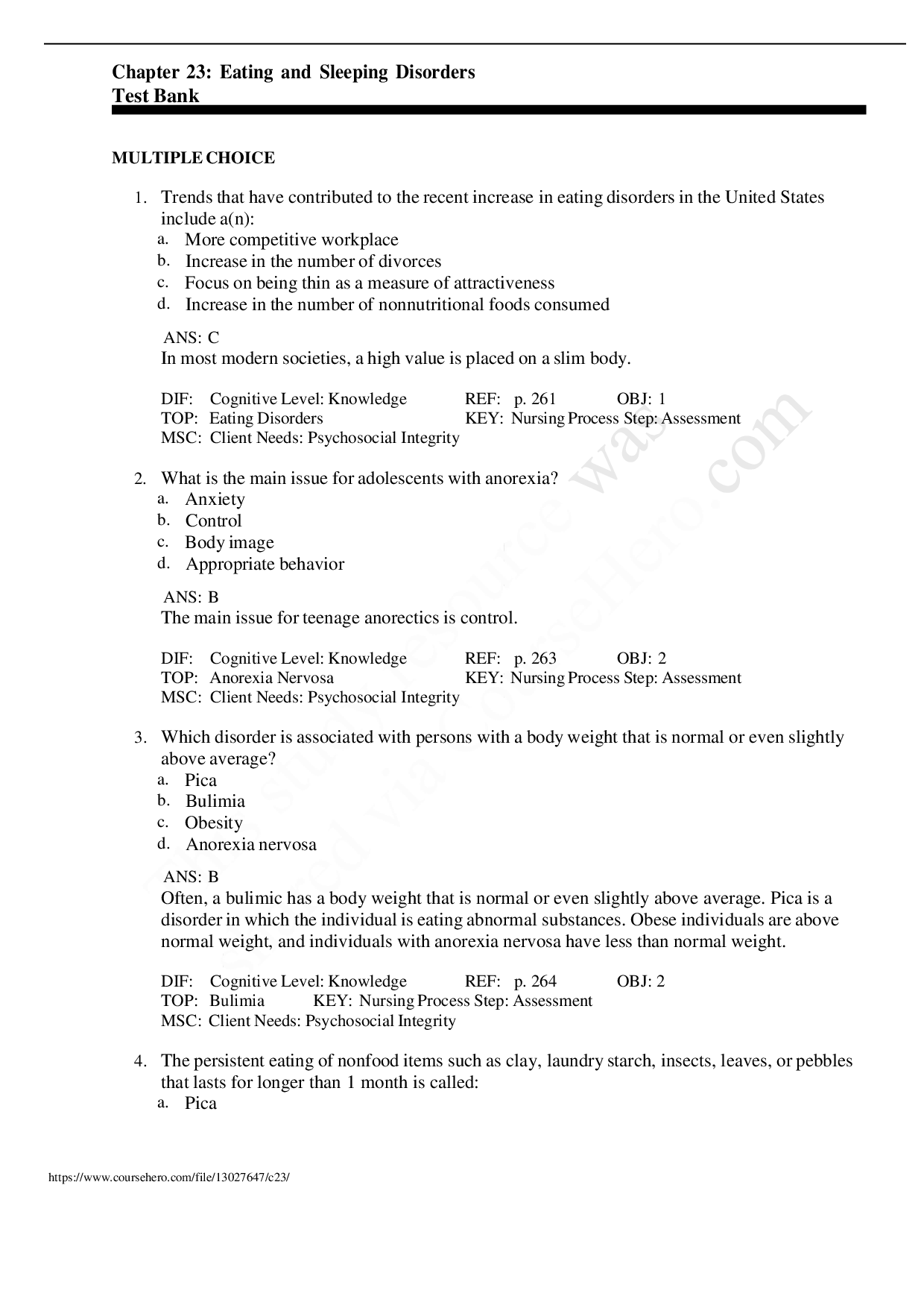 Eating and Sleeping Disorders Chapter 23 Test Bank