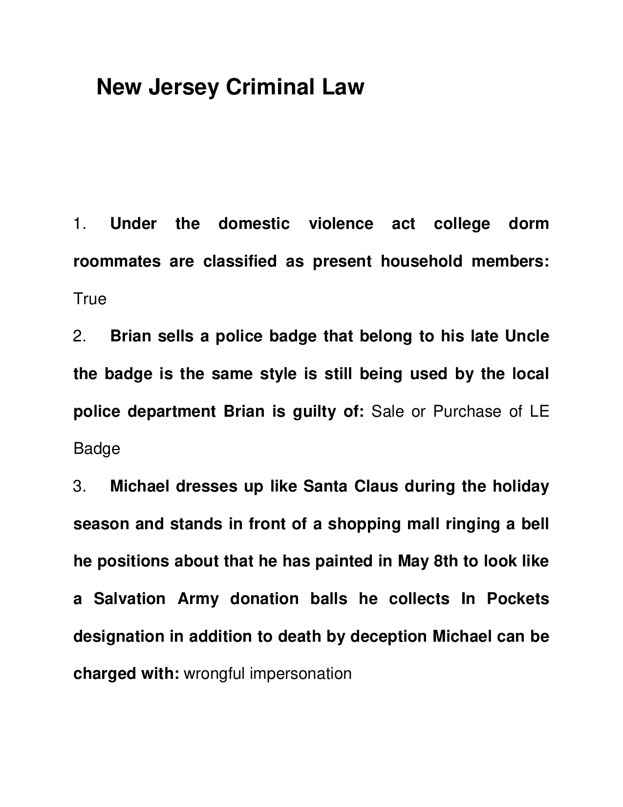 New Jersey Criminal Law 2023 Final Exam Questions and Answers