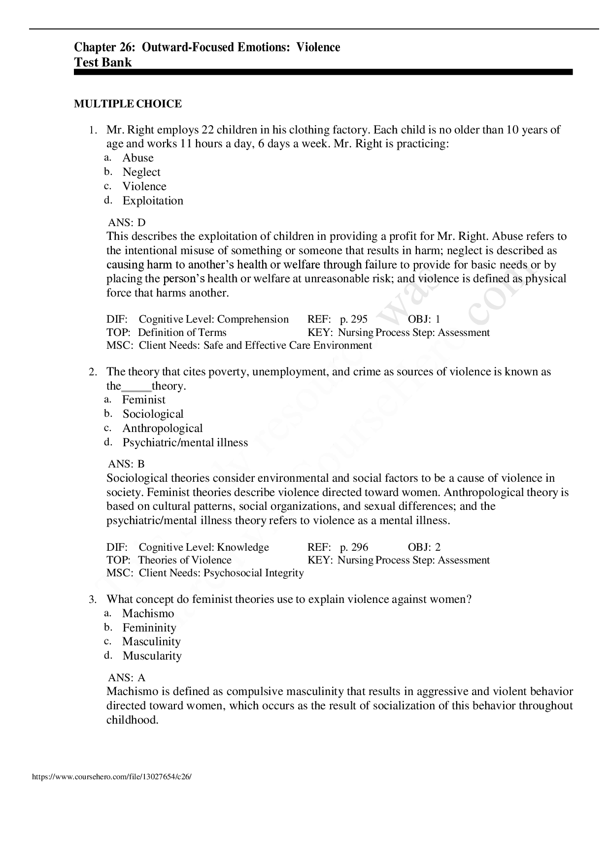 Psychiatric Nursing: Outward-Focused Emotions and Violence Test Bank