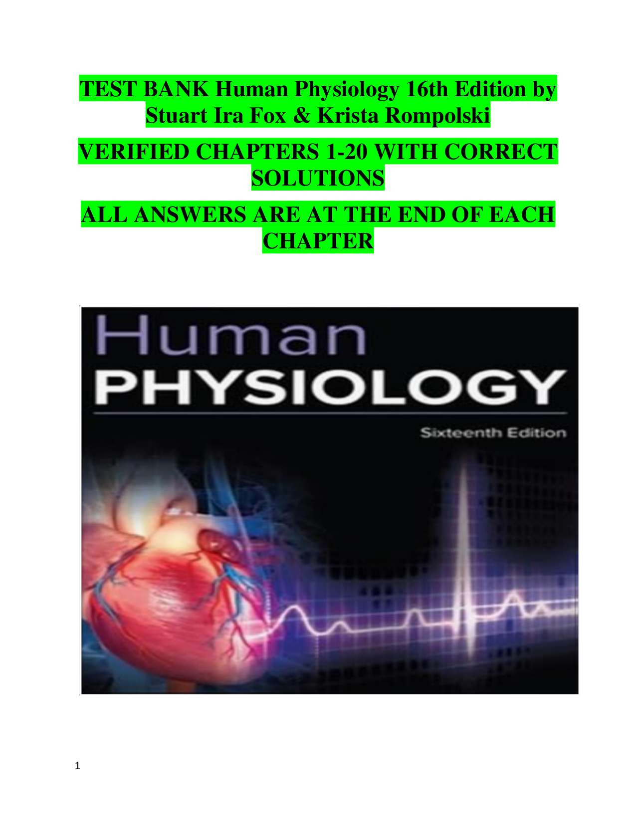 Human Physiology, 16th Edition Test Bank by Fox & Rompolski