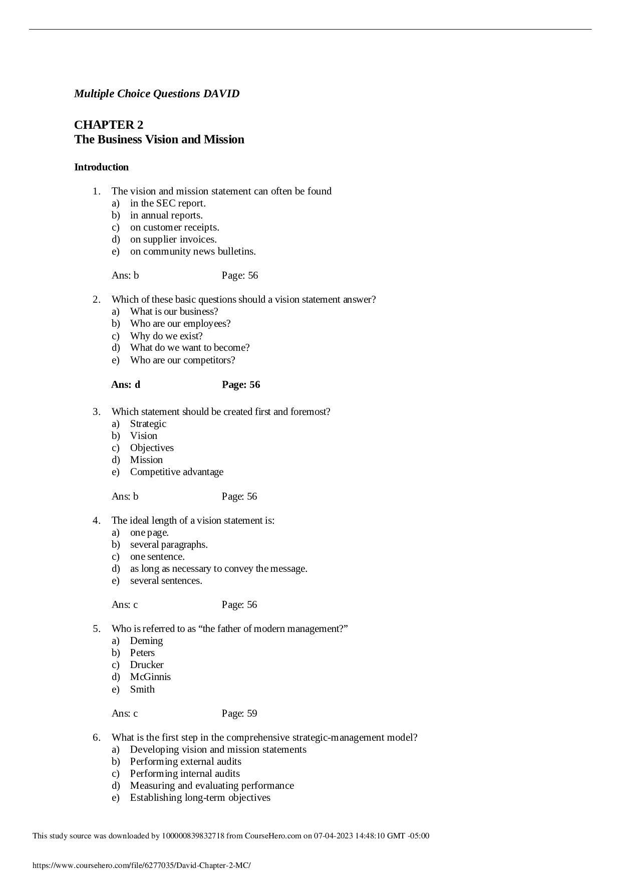 Strategic Management: The Business Vision and Mission, Chapter 2 Test Bank
