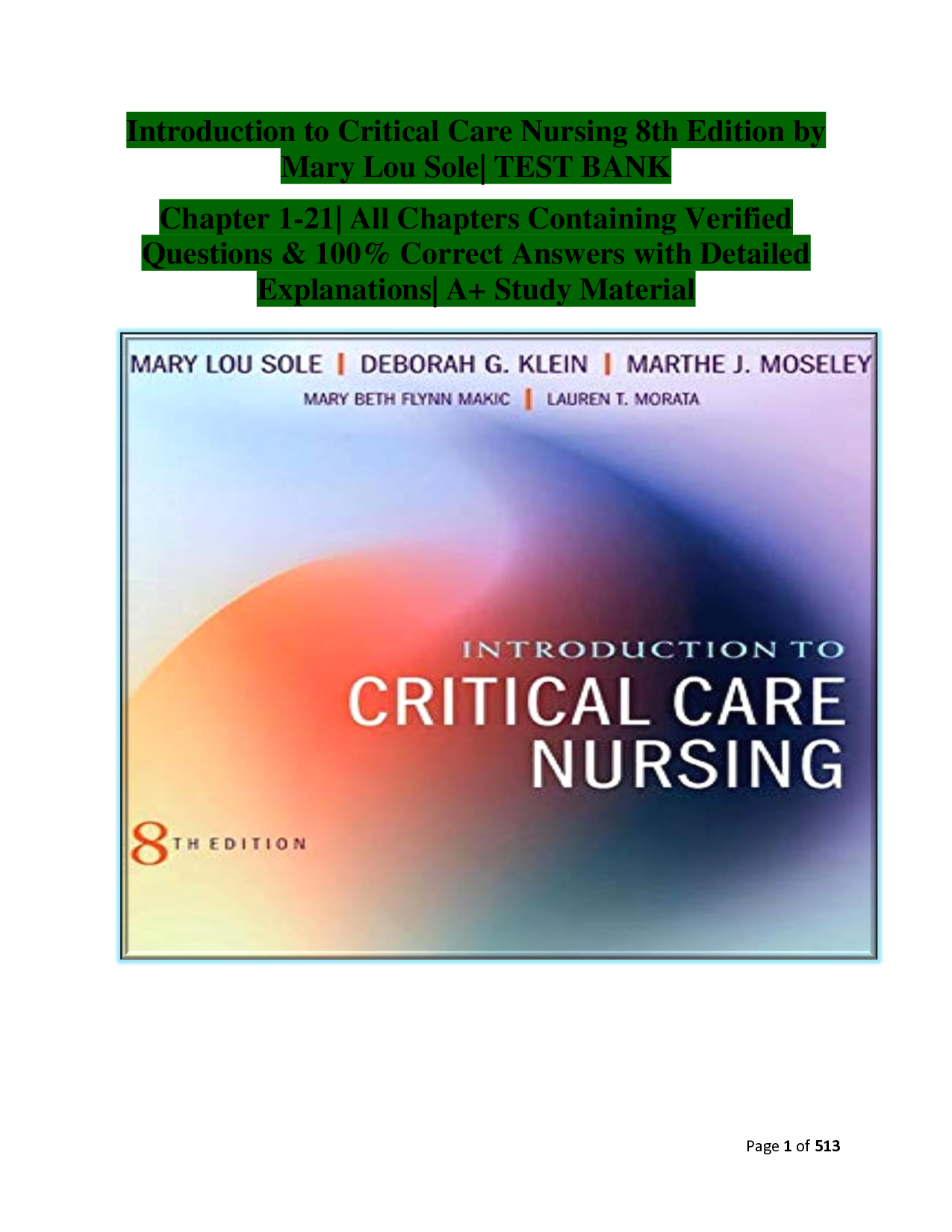 Introduction to Critical Care Nursing, 8th Edition Test Bank