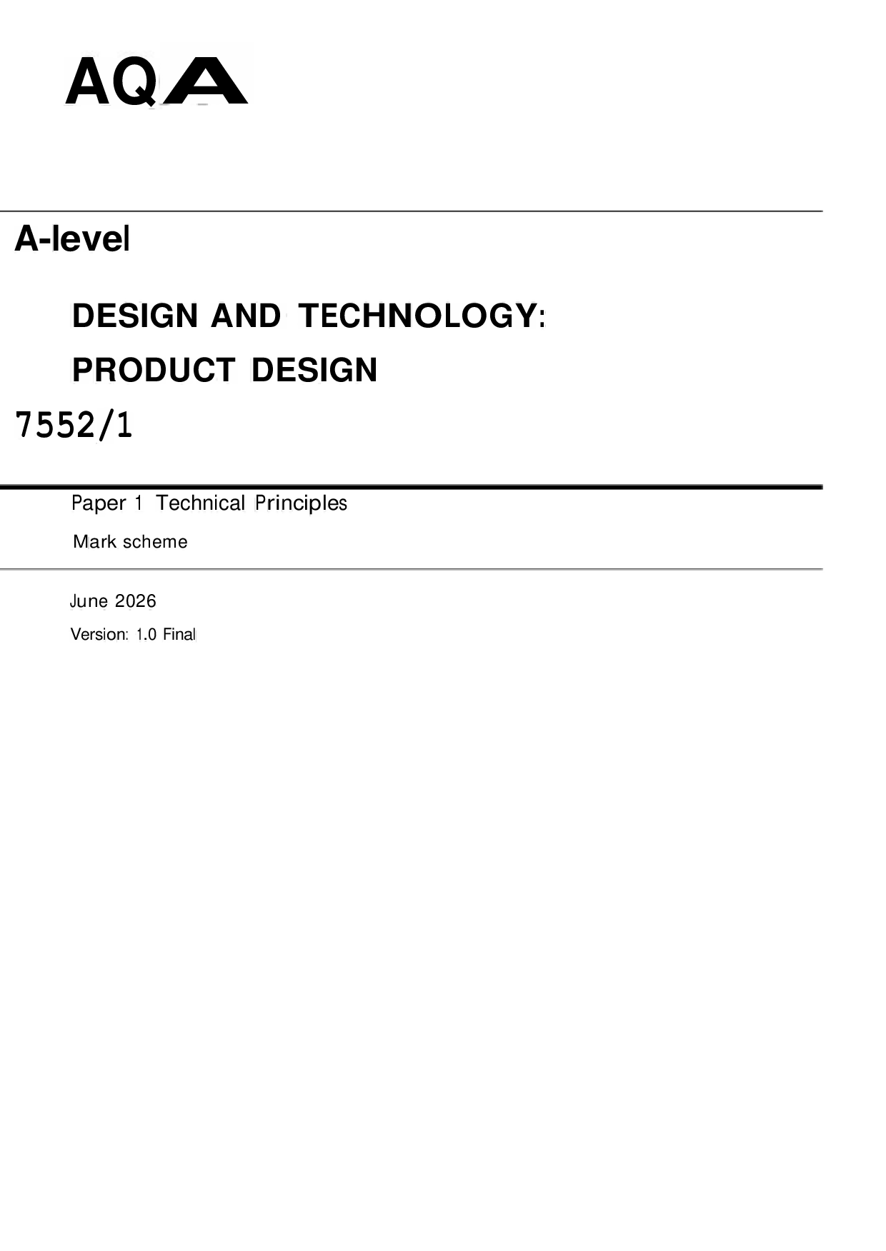 AQA A-level Design and Technology: Product Design (7552/1) June 2026 Mark Scheme