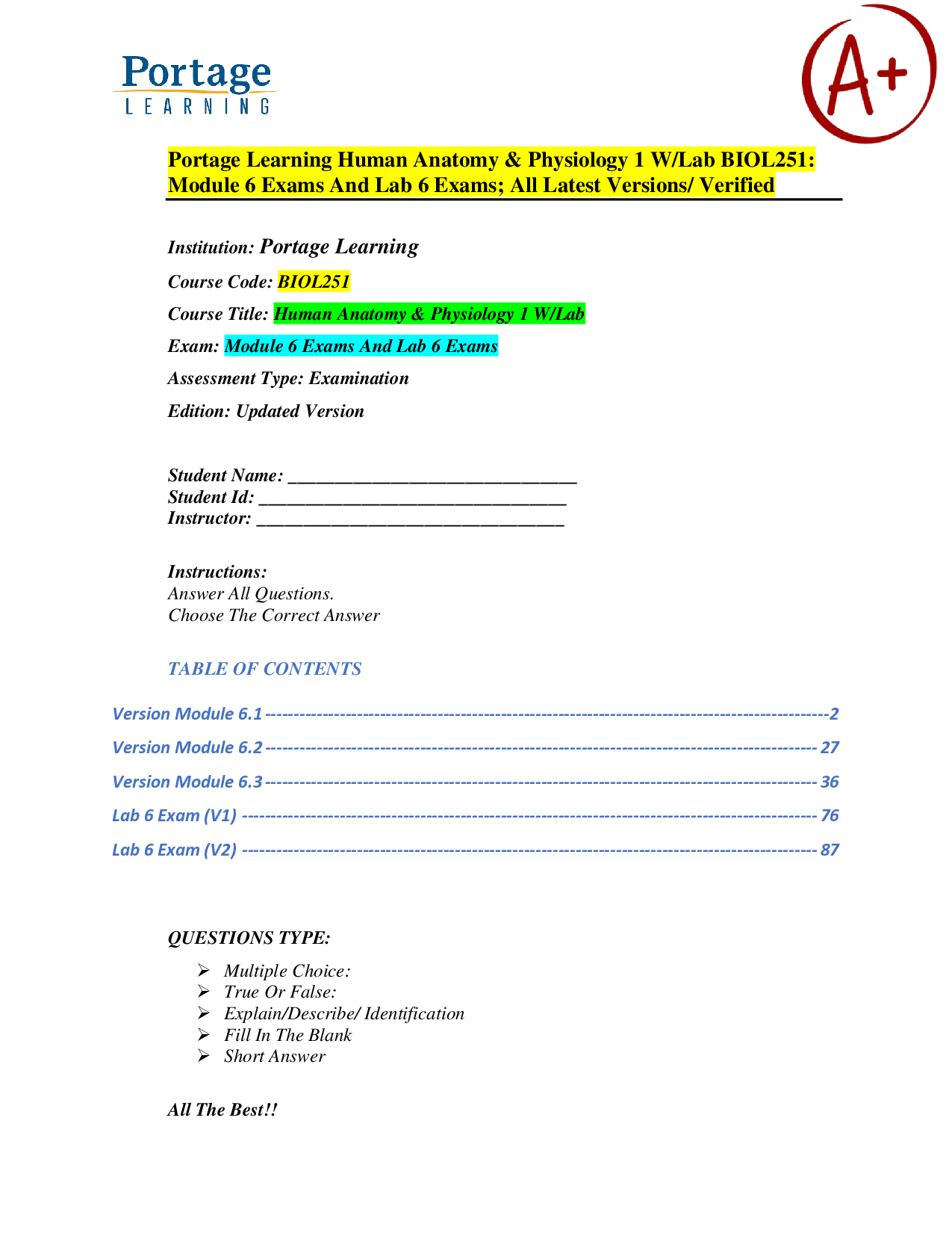 Portage Learning BIOL251 Human Anatomy & Physiology I Module 6 Exam Bank