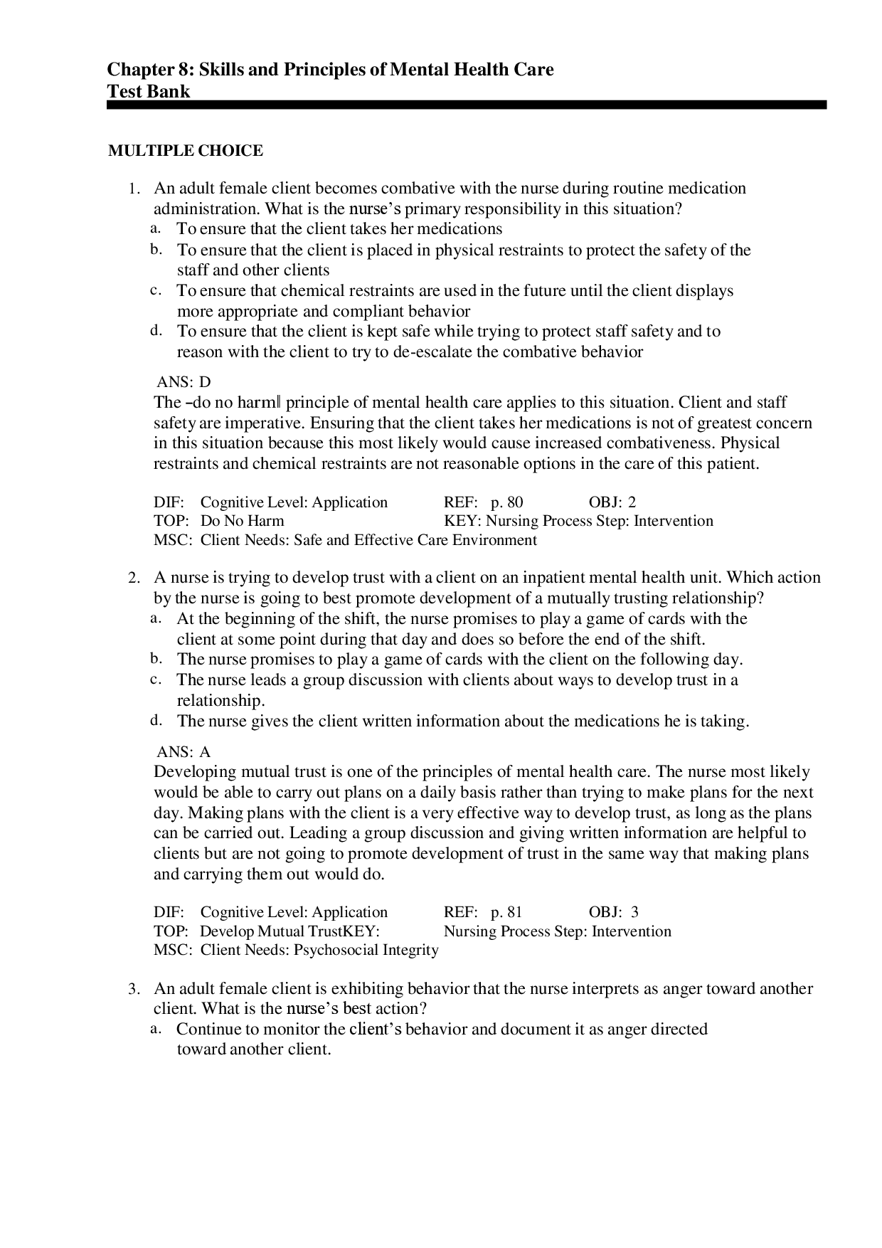 Skills and Principles of Mental Health Care Test Bank