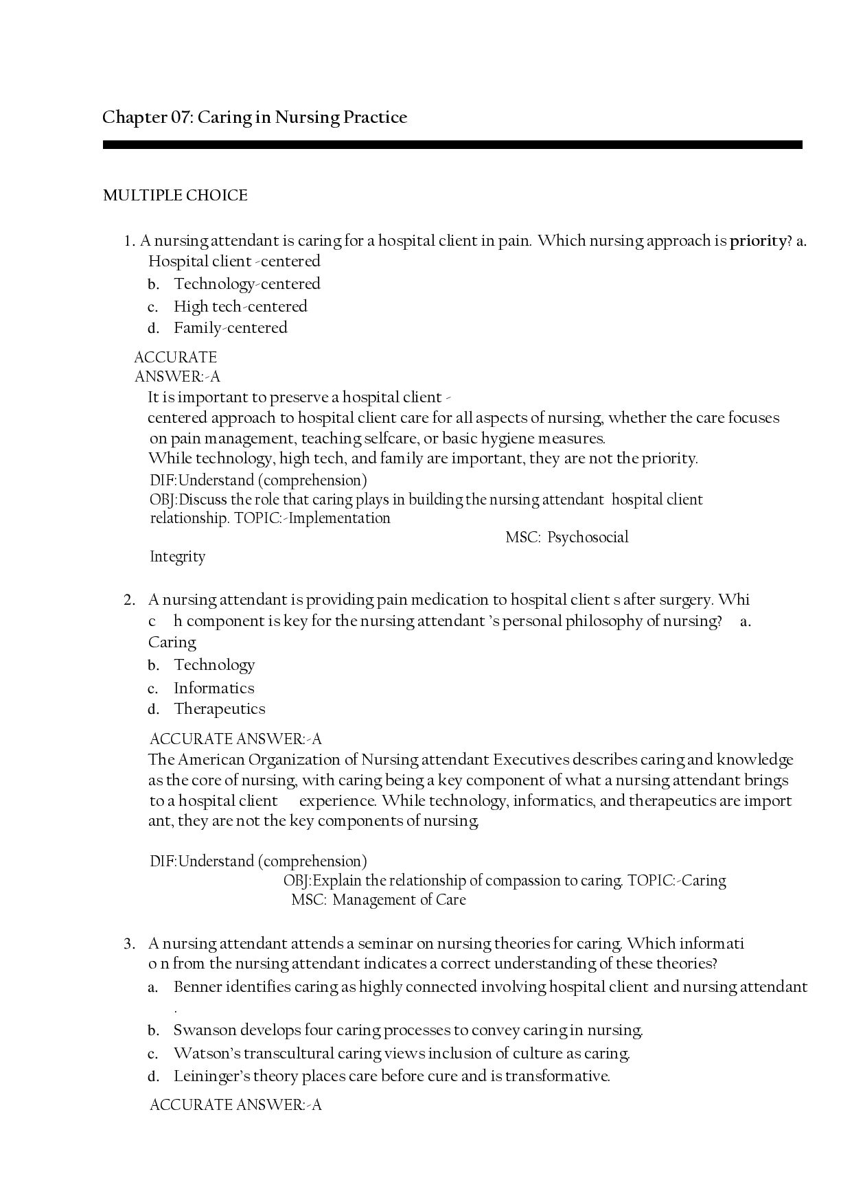 Caring in Nursing Practice, Chapter 7 Test Bank