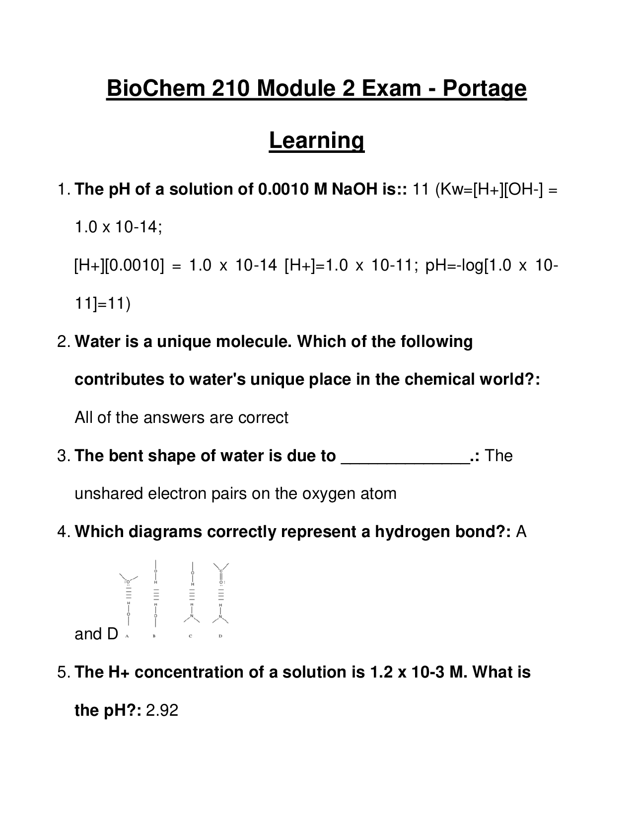 Portage Learning BioChem 210 Module 2 Exam