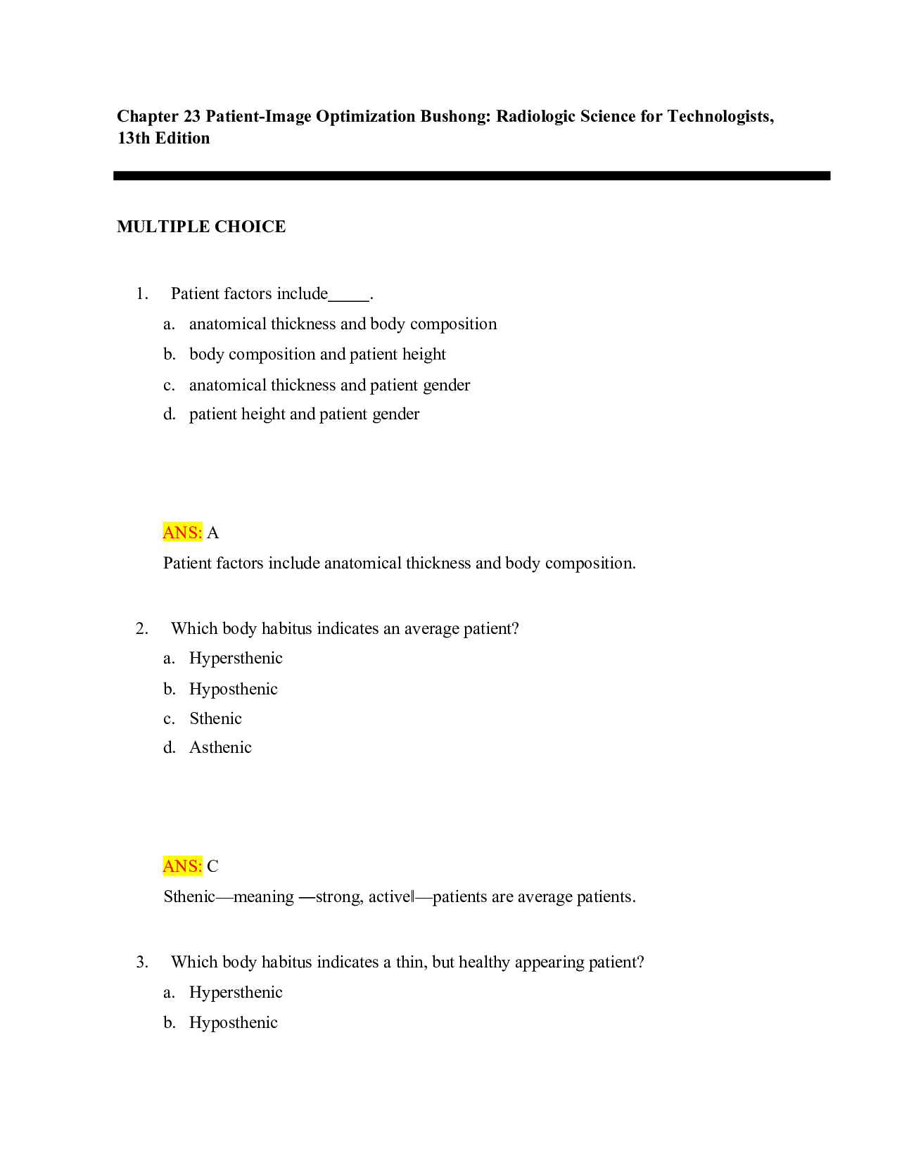 Bushong's Radiologic Science for Technologists, 13th Edition Test Bank - Chapter 23