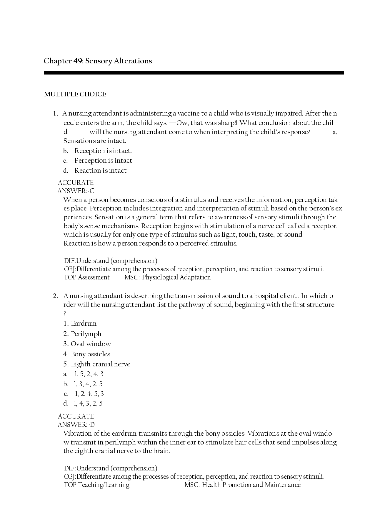 Sensory Alterations Chapter 49 Practice Questions