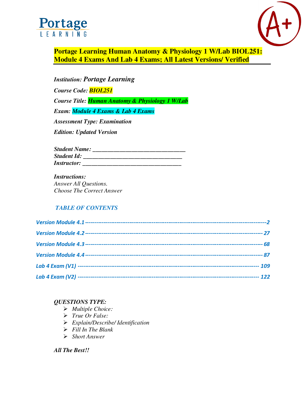 Portage Learning Human Anatomy & Physiology I: Module 4 Exams and Lab 4 Exams
