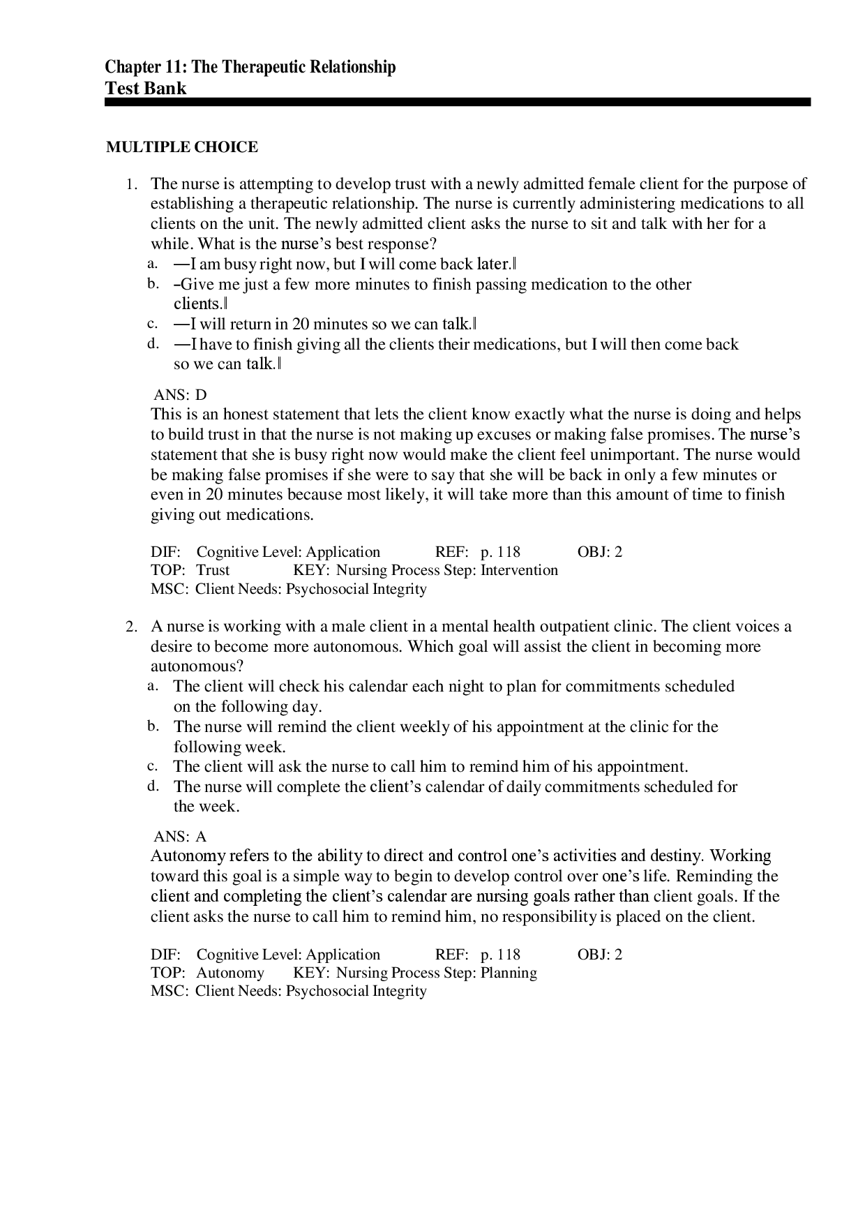 The Therapeutic Relationship Test Bank