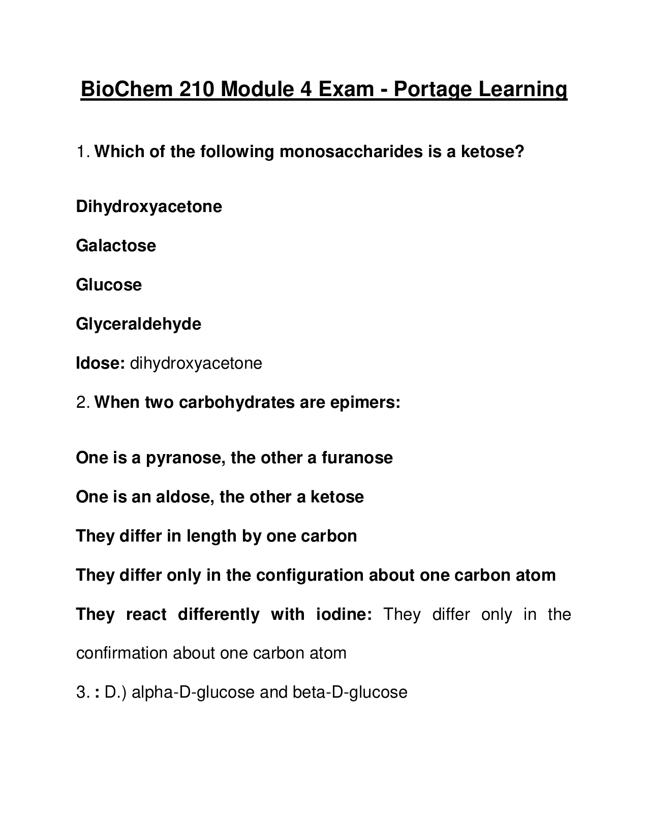 Portage Learning BioChem 210 Module 4 Exam