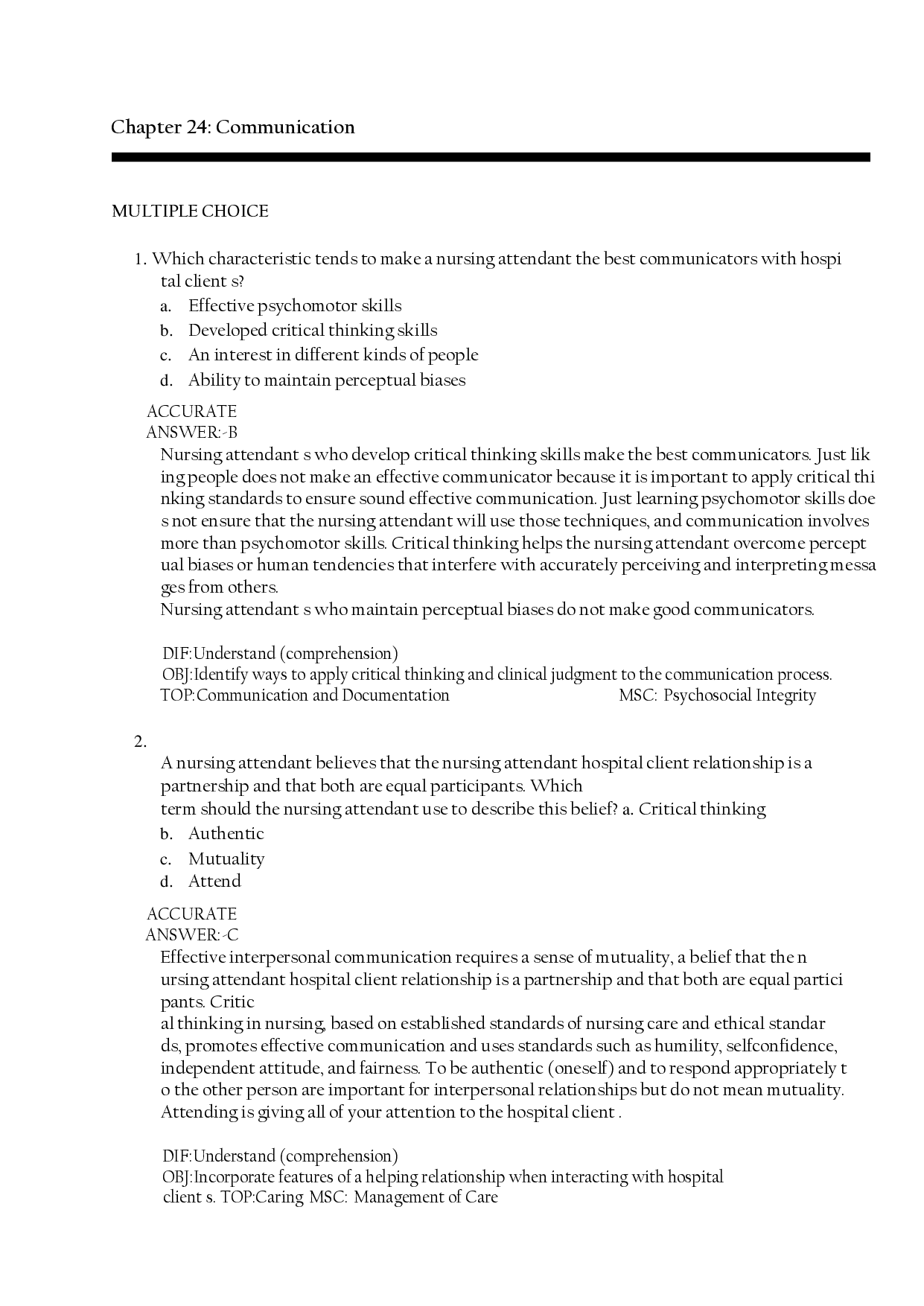 Nursing Communication Chapter 24 Practice Questions