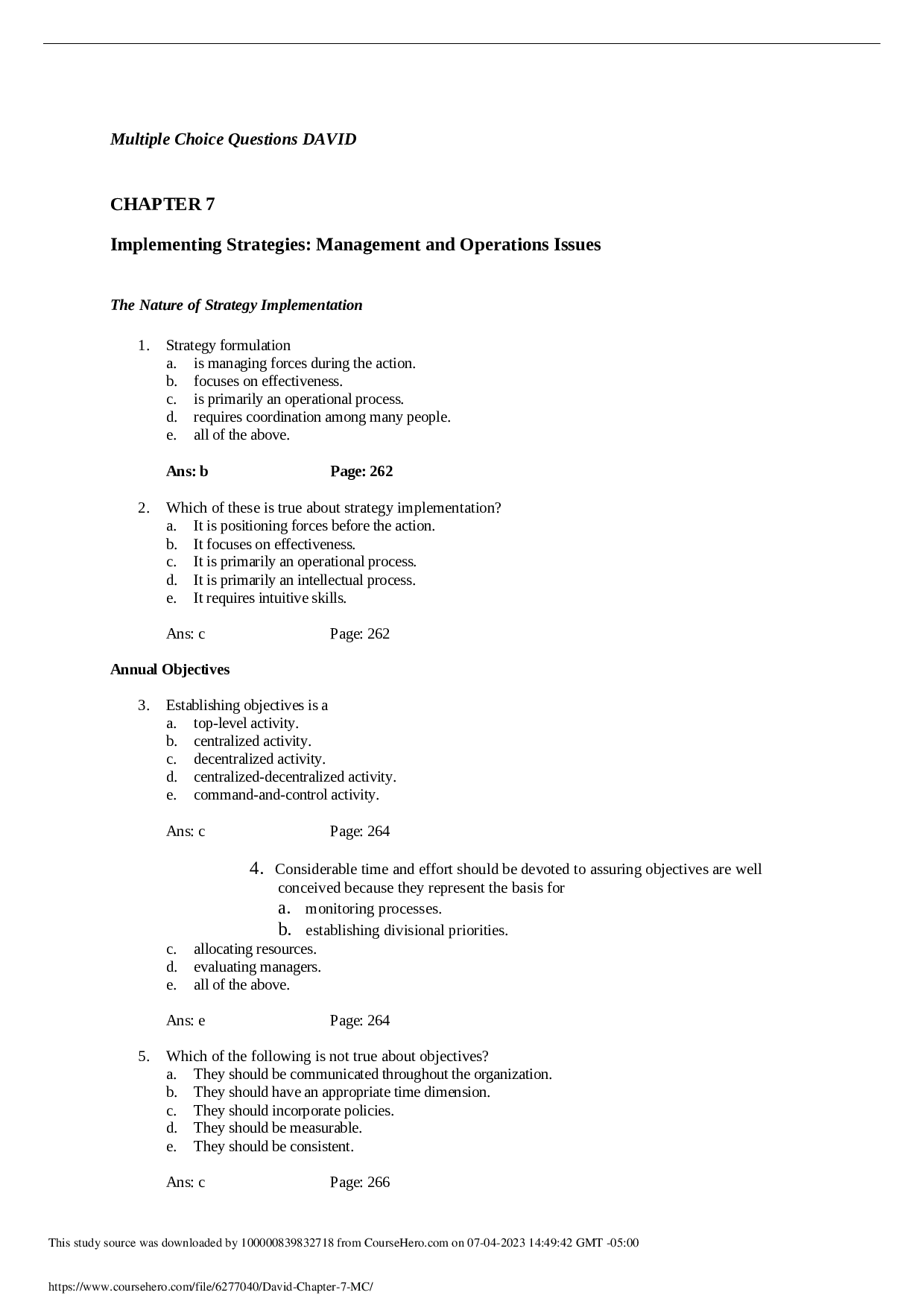 David's Strategic Management, Chapter 7 Test Bank