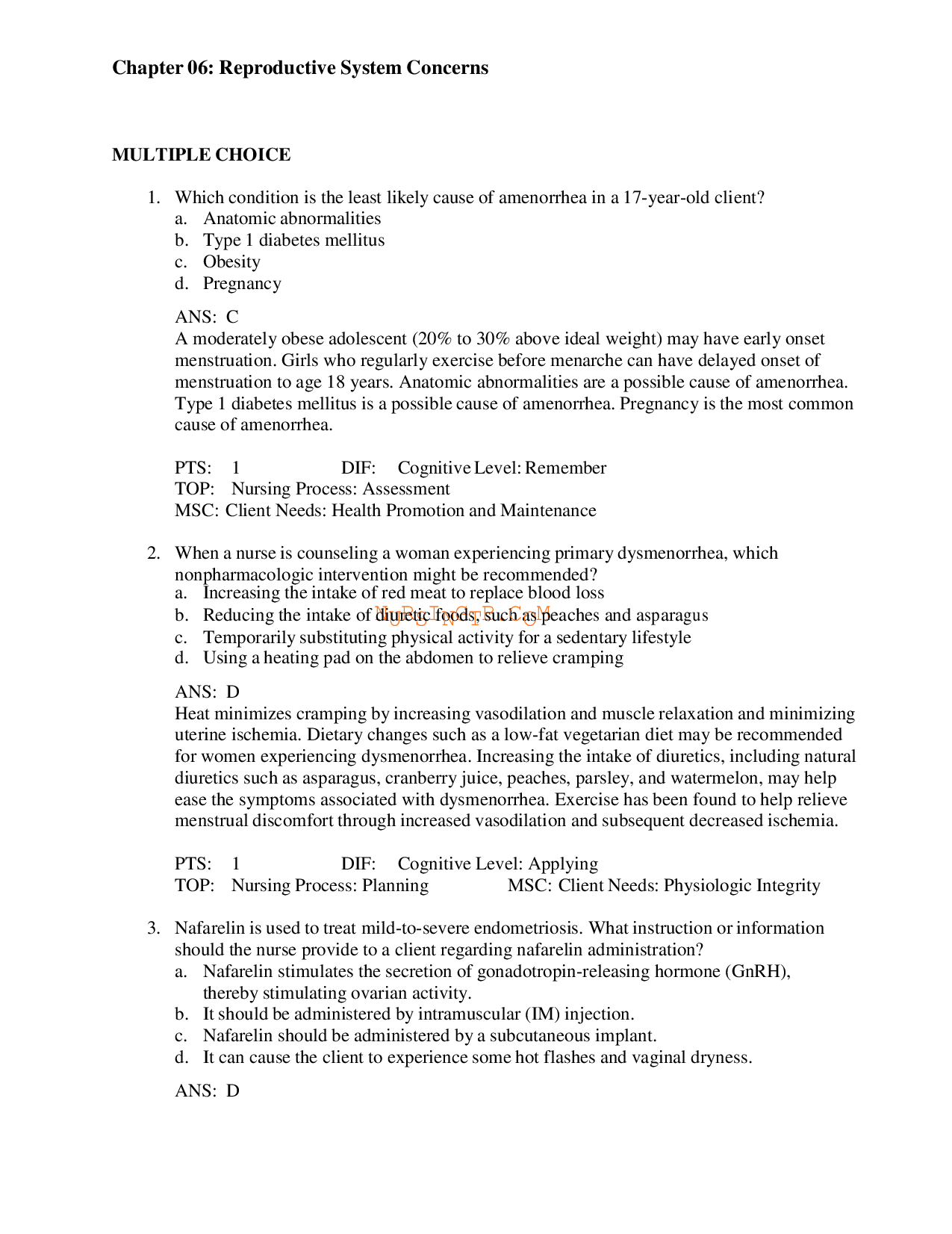 Reproductive System Concerns Chapter Test Bank