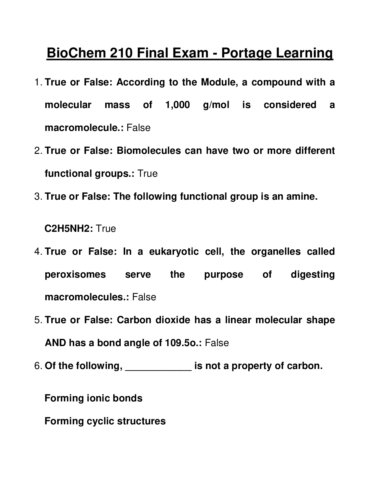 Portage Learning BioChem 210 Final Exam