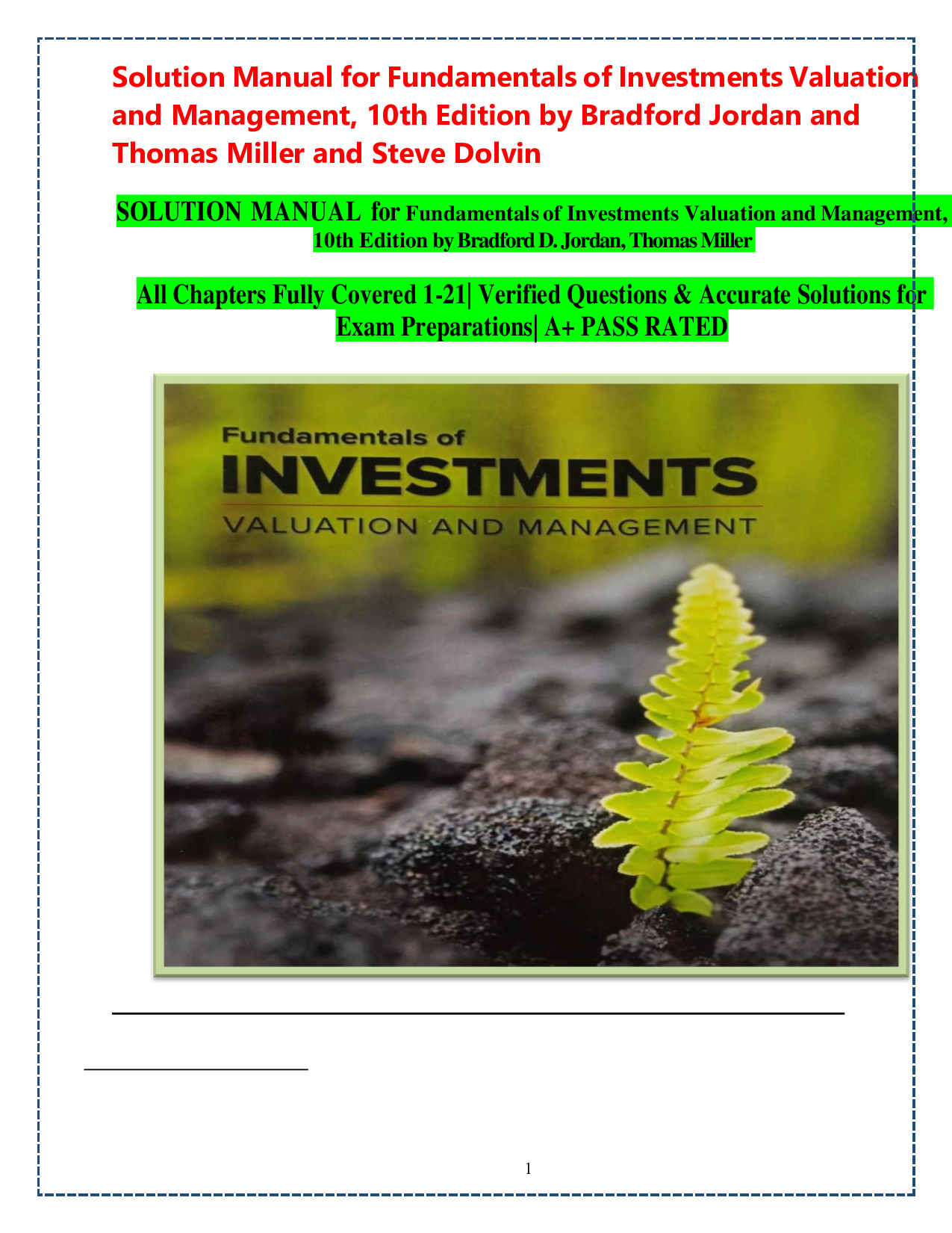 Fundamentals of Investments: Valuation and Management, 10th Edition Solution Manual