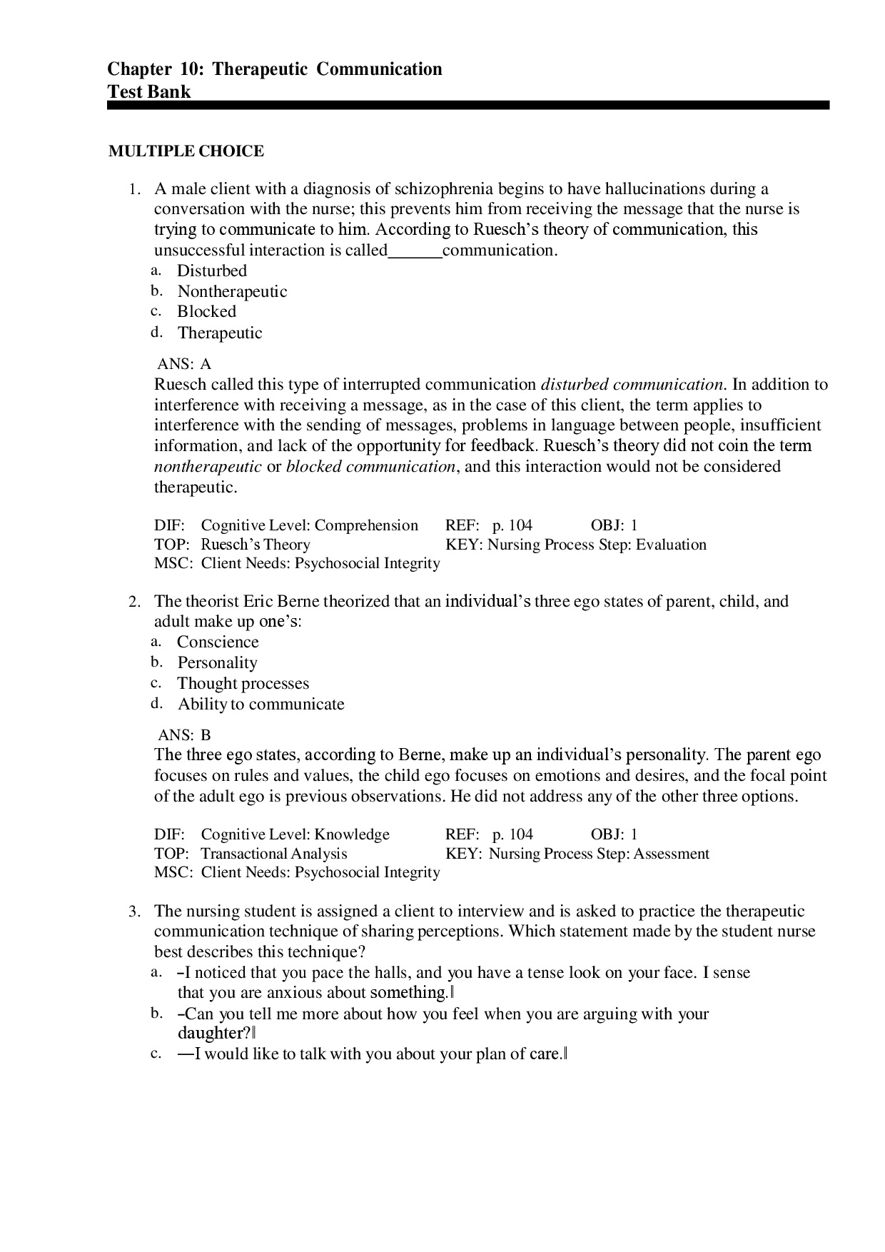 Therapeutic Communication Chapter 10 Test Bank