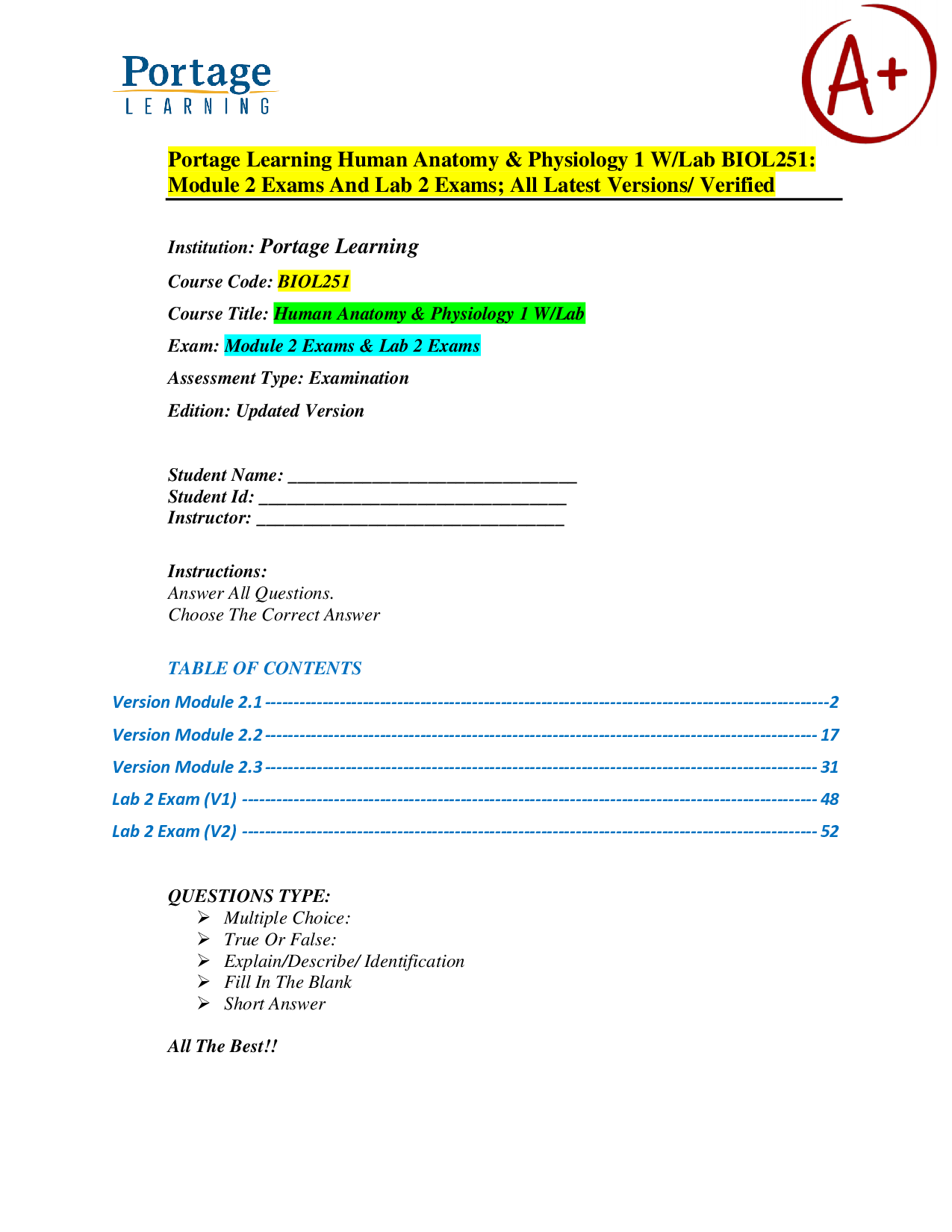 Portage Learning BIOL251 Human Anatomy & Physiology I: Module 2 and Lab 2 Exams