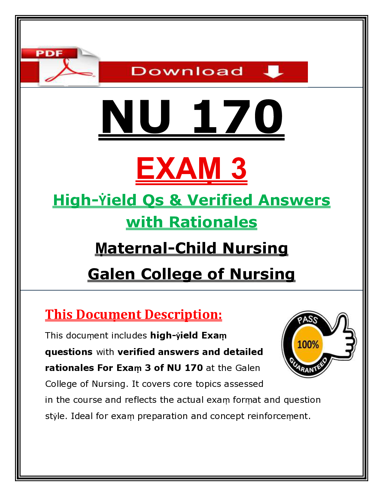 Galen College of Nursing NU 170 Exam 3 Practice Questions