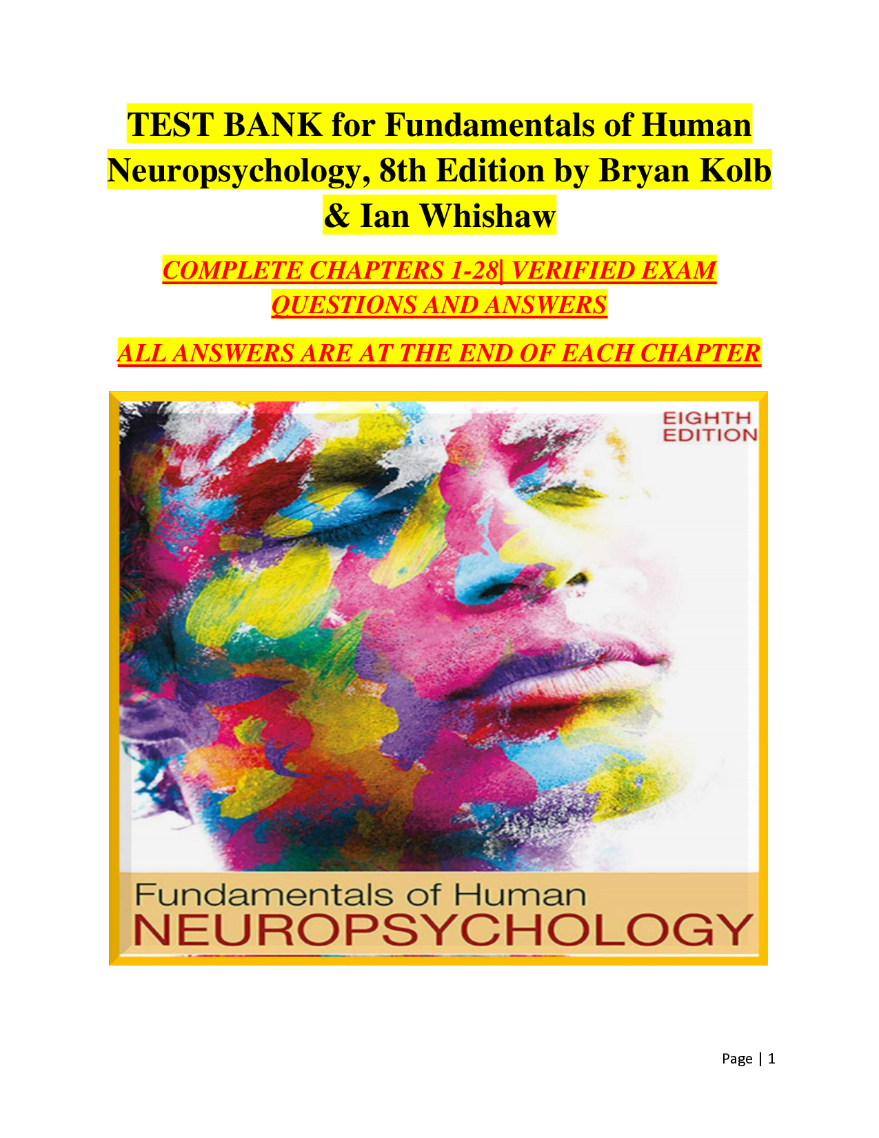 Fundamentals of Human Neuropsychology, 8th Edition Test Bank