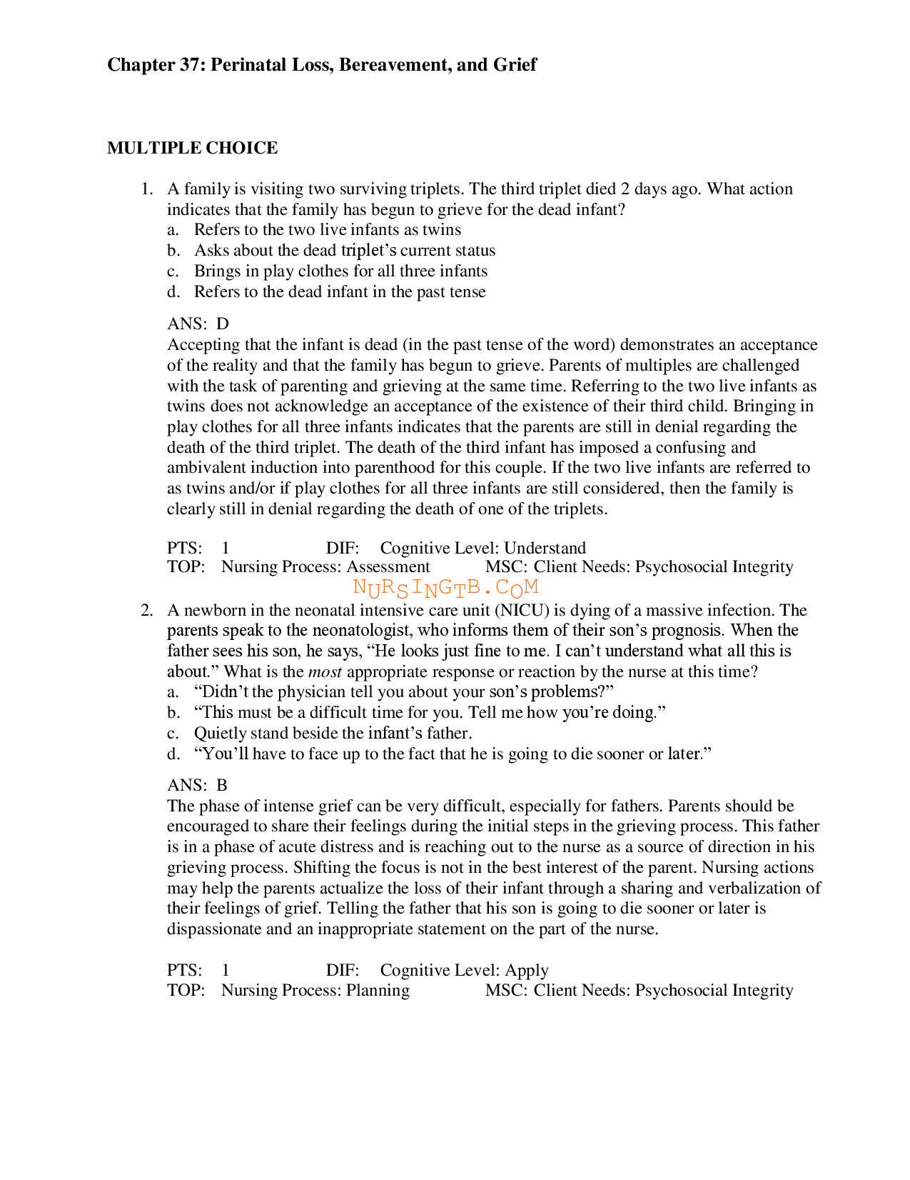 Perinatal Loss, Bereavement, and Grief Chapter 37 Test Bank