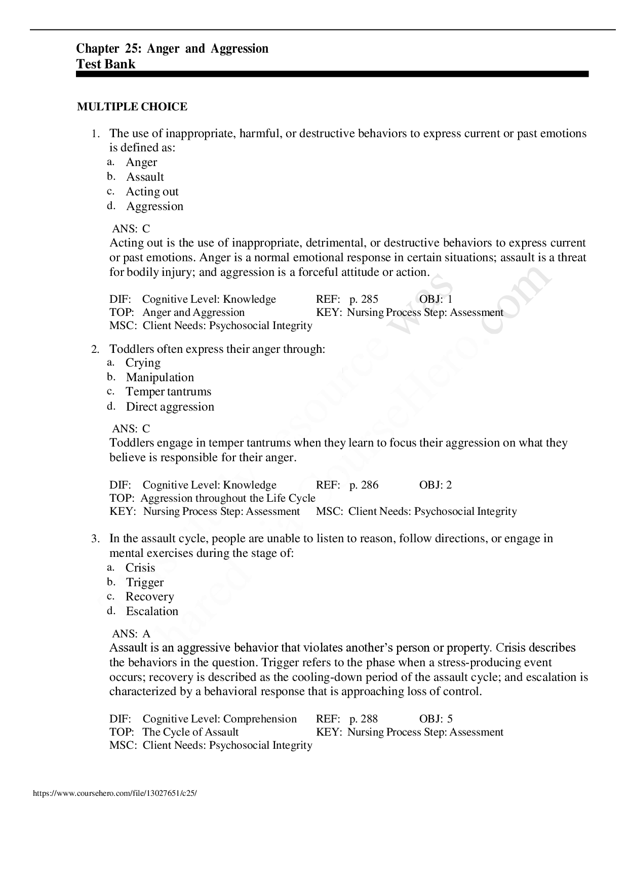 Anger and Aggression Chapter 25 Test Bank