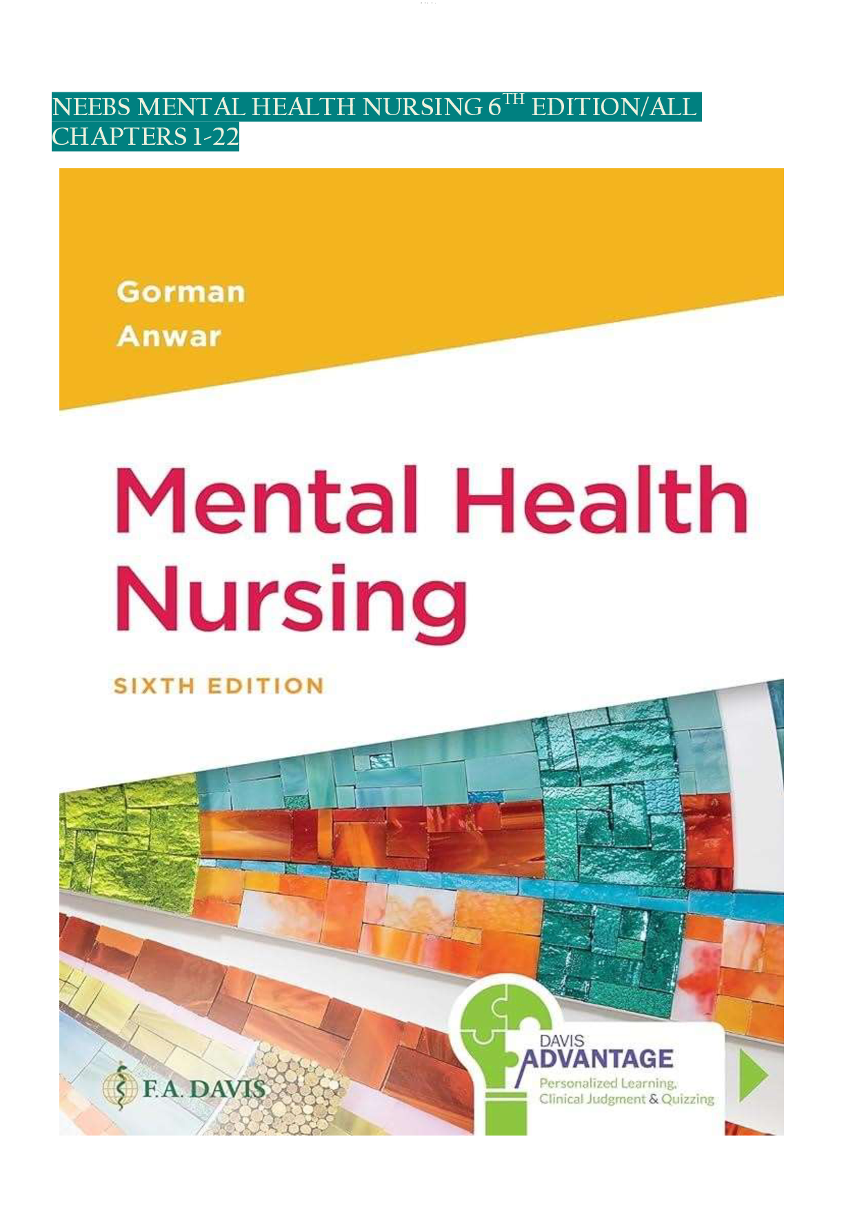 Mental Health Nursing, 6th Edition Test Bank