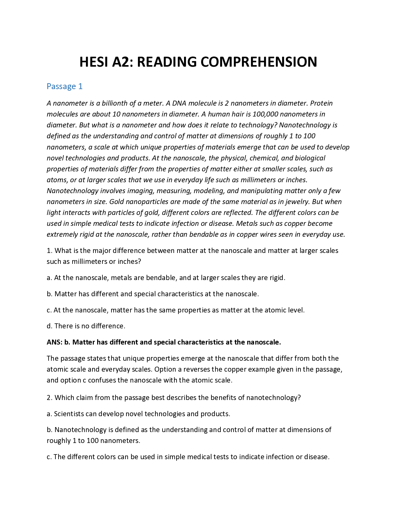 HESI A2 Reading Comprehension Practice Questions