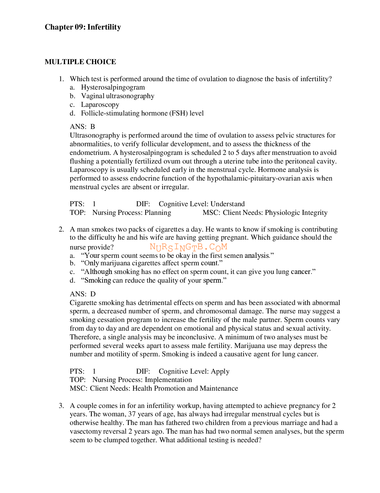 Maternal Newborn Nursing: Chapter 9 Infertility Test Bank