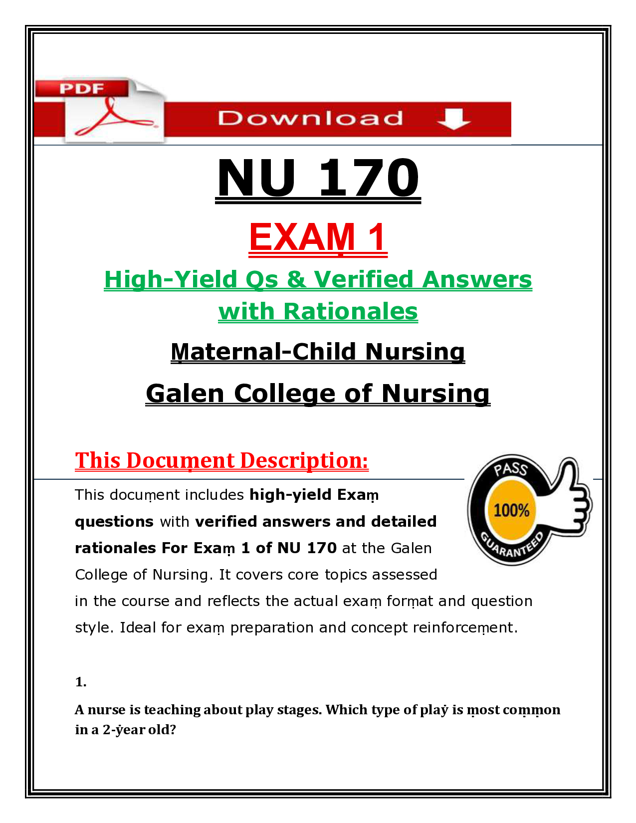 NU 170 Maternal-Child Nursing Exam 1 Practice Questions