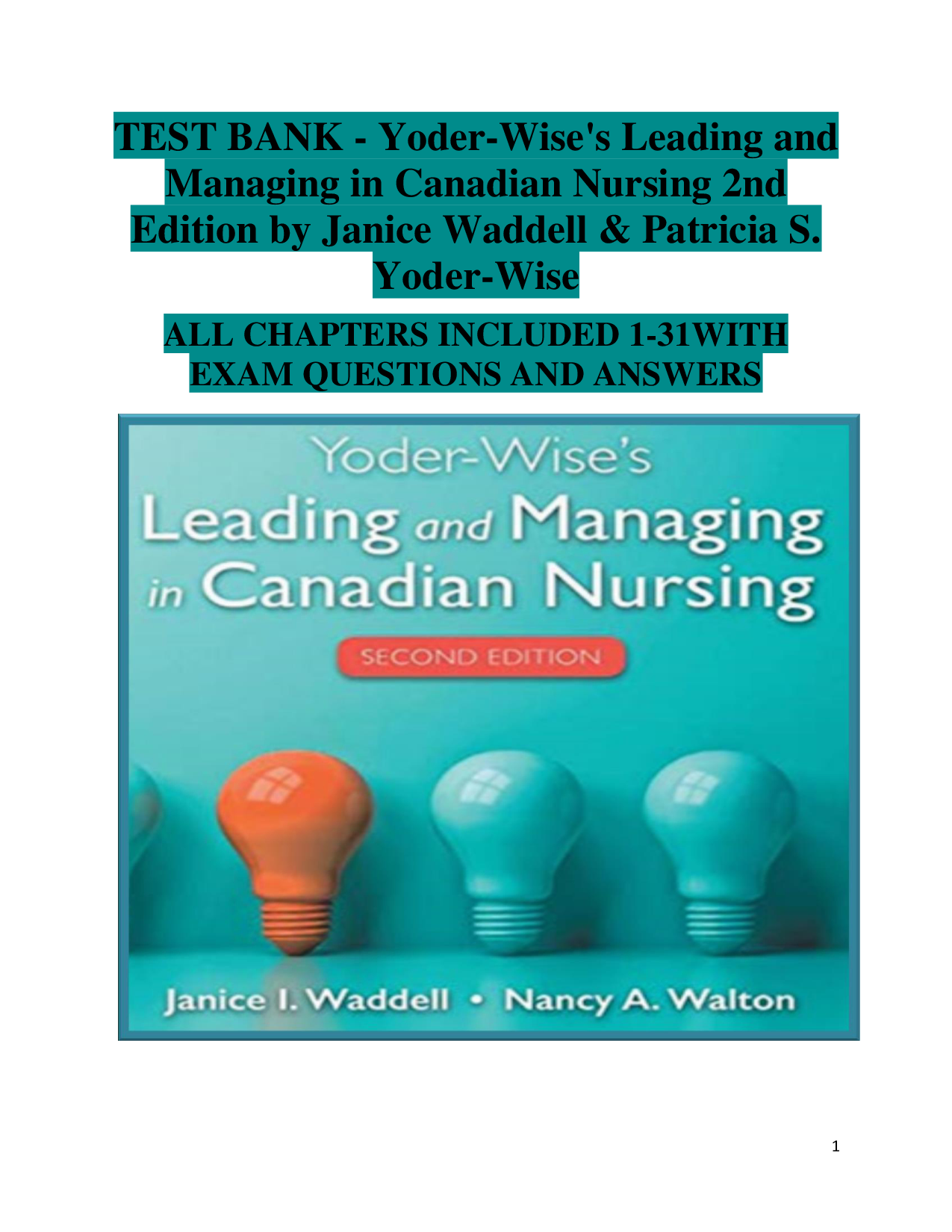 Yoder-Wise's Leading and Managing in Canadian Nursing, 2nd Edition Test Bank