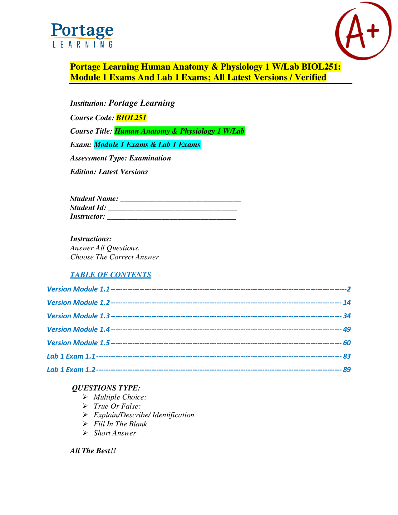 Portage Learning BIOL251 Human Anatomy & Physiology I Module 1 Exam Bank