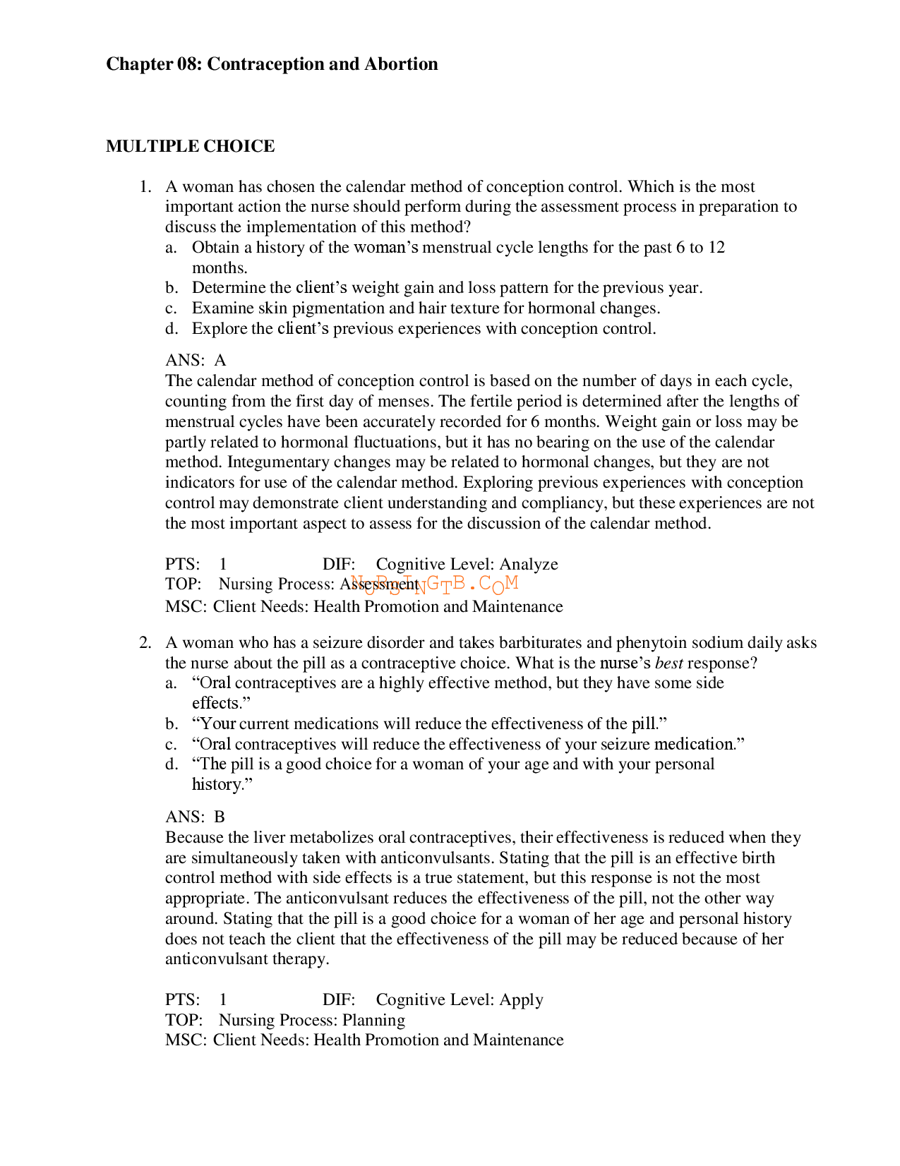 Maternity Nursing: Contraception and Abortion Test Bank