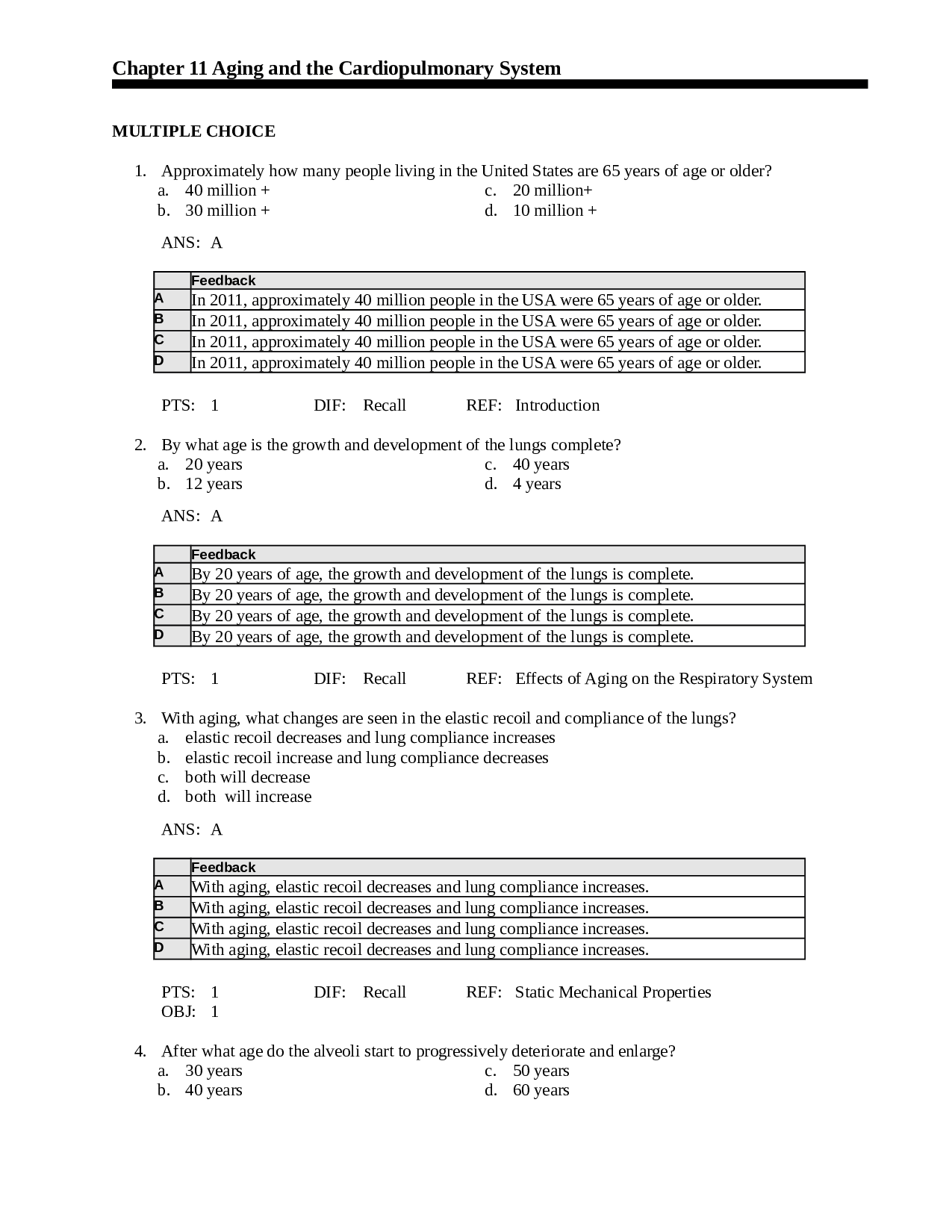Aging and the Cardiopulmonary System Chapter 11 Test Bank
