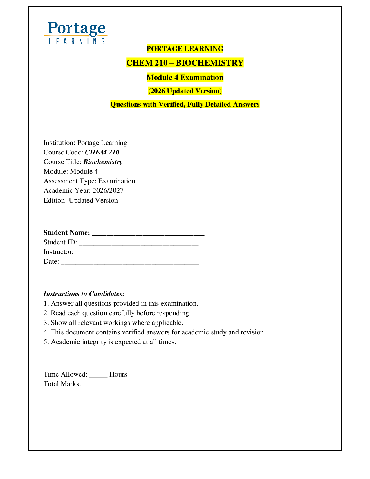 Portage Learning CHEM 210 Biochemistry Module 4 Exam