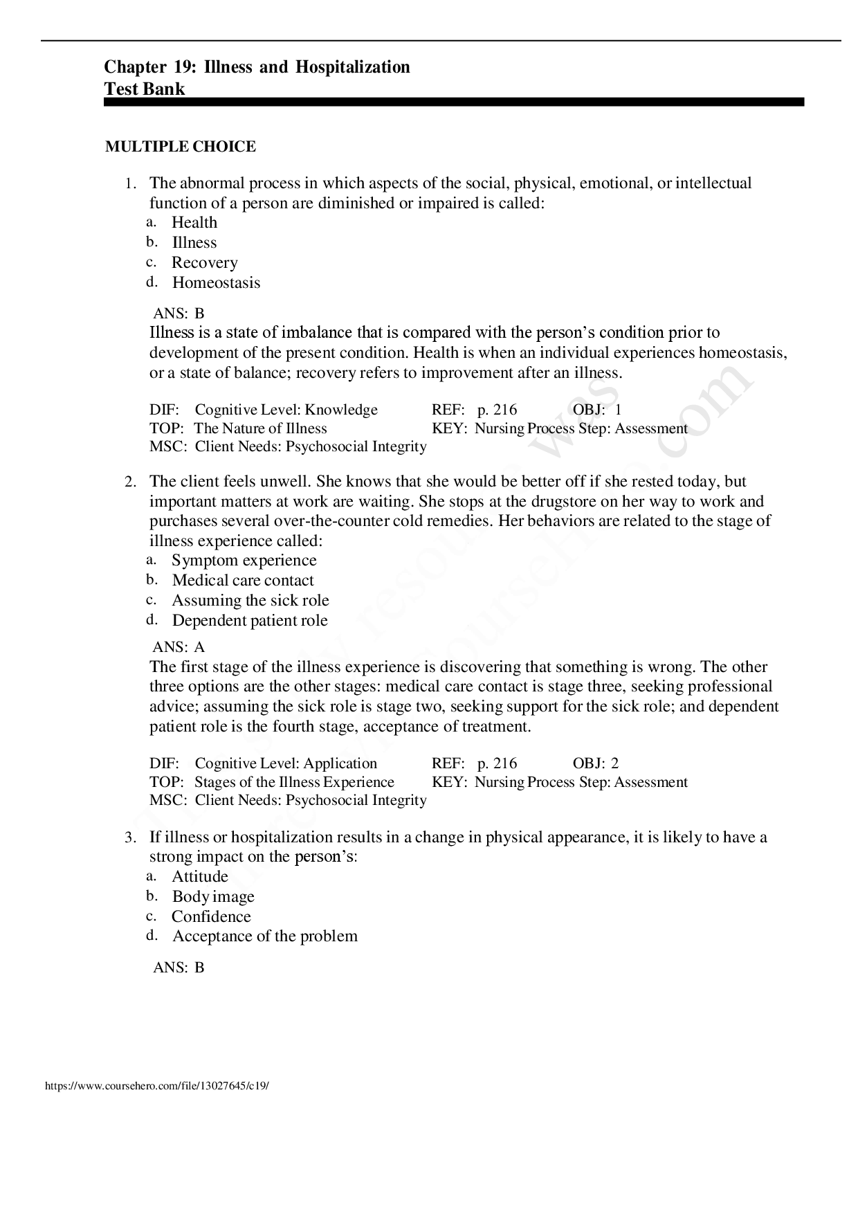 Illness and Hospitalization Chapter 19 Test Bank