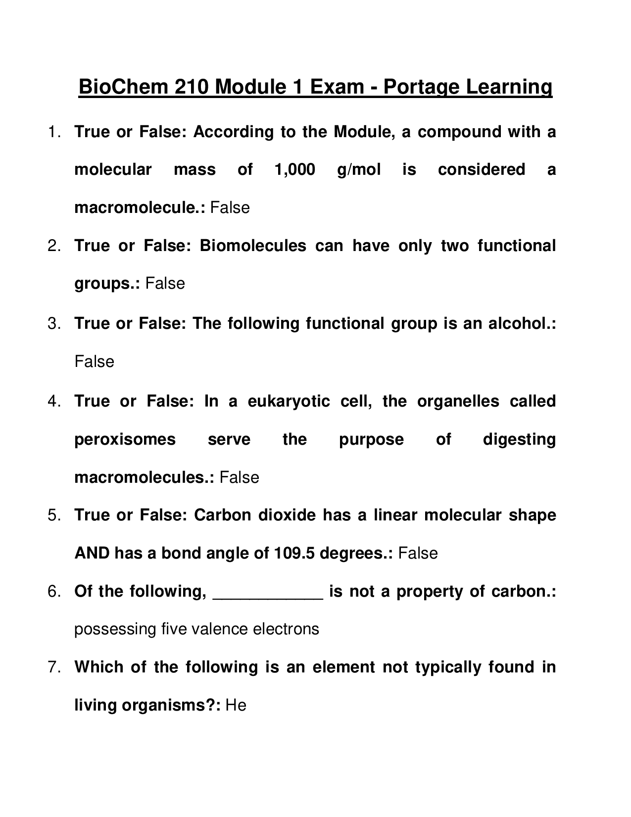 Portage Learning BioChem 210 Module 1 Exam