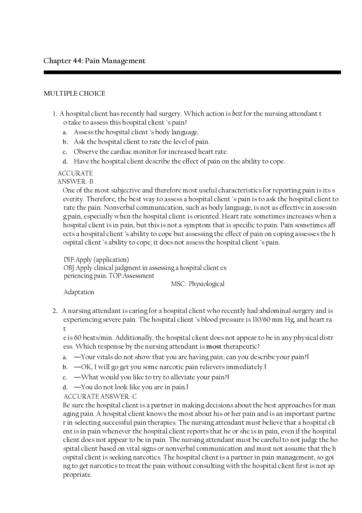 Pain Management, Chapter 44 Practice Questions