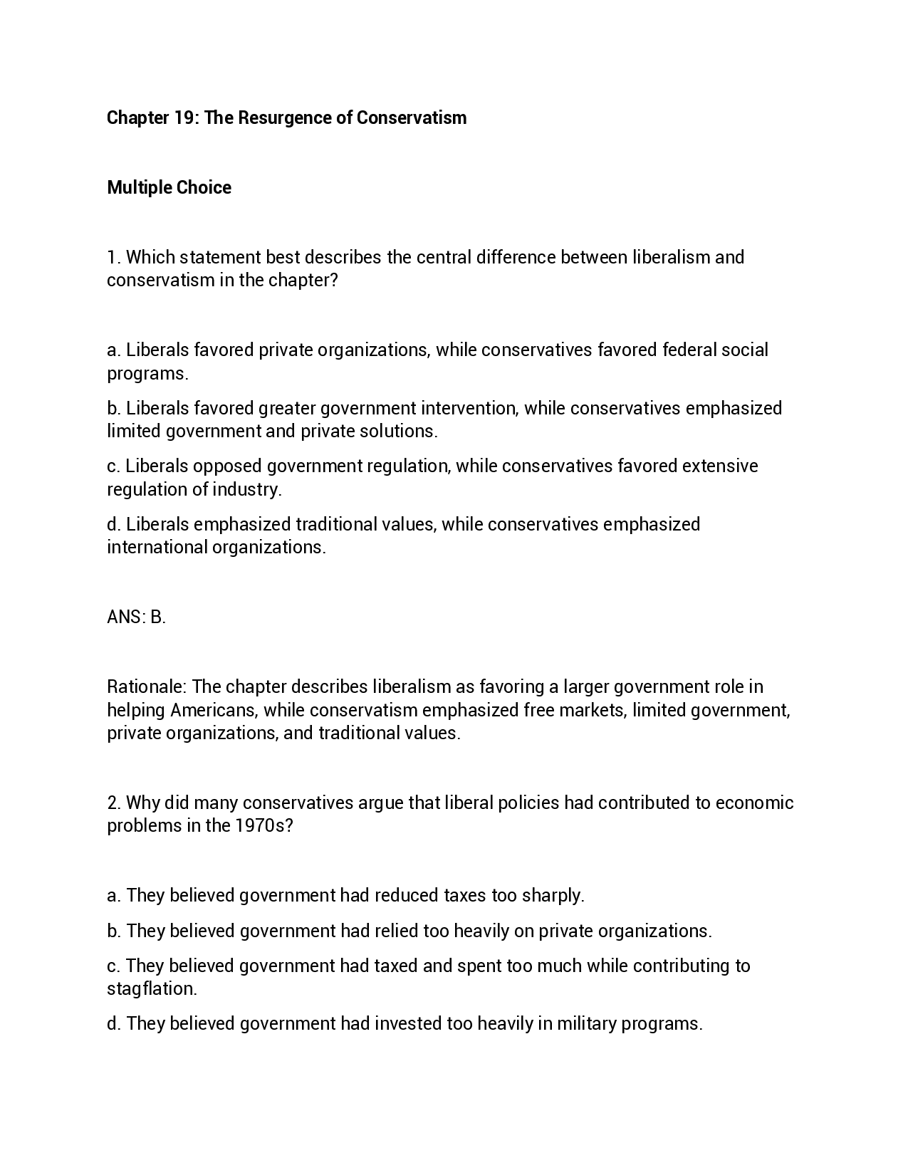 The Resurgence of Conservatism Chapter 19 Practice Questions
