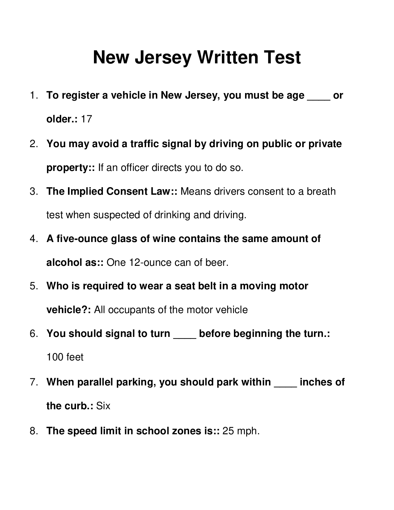 New Jersey Driver's License Written Test Practice Questions