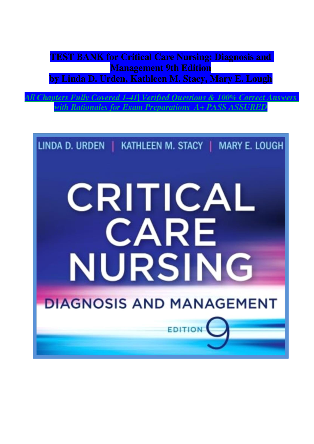 Critical Care Nursing: Diagnosis and Management, 9th Edition Test Bank