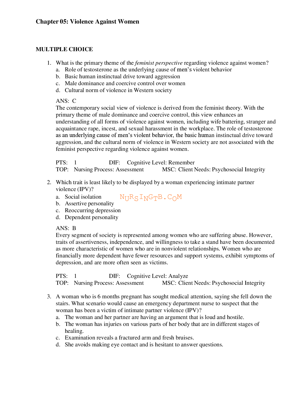 Violence Against Women Chapter Test Bank