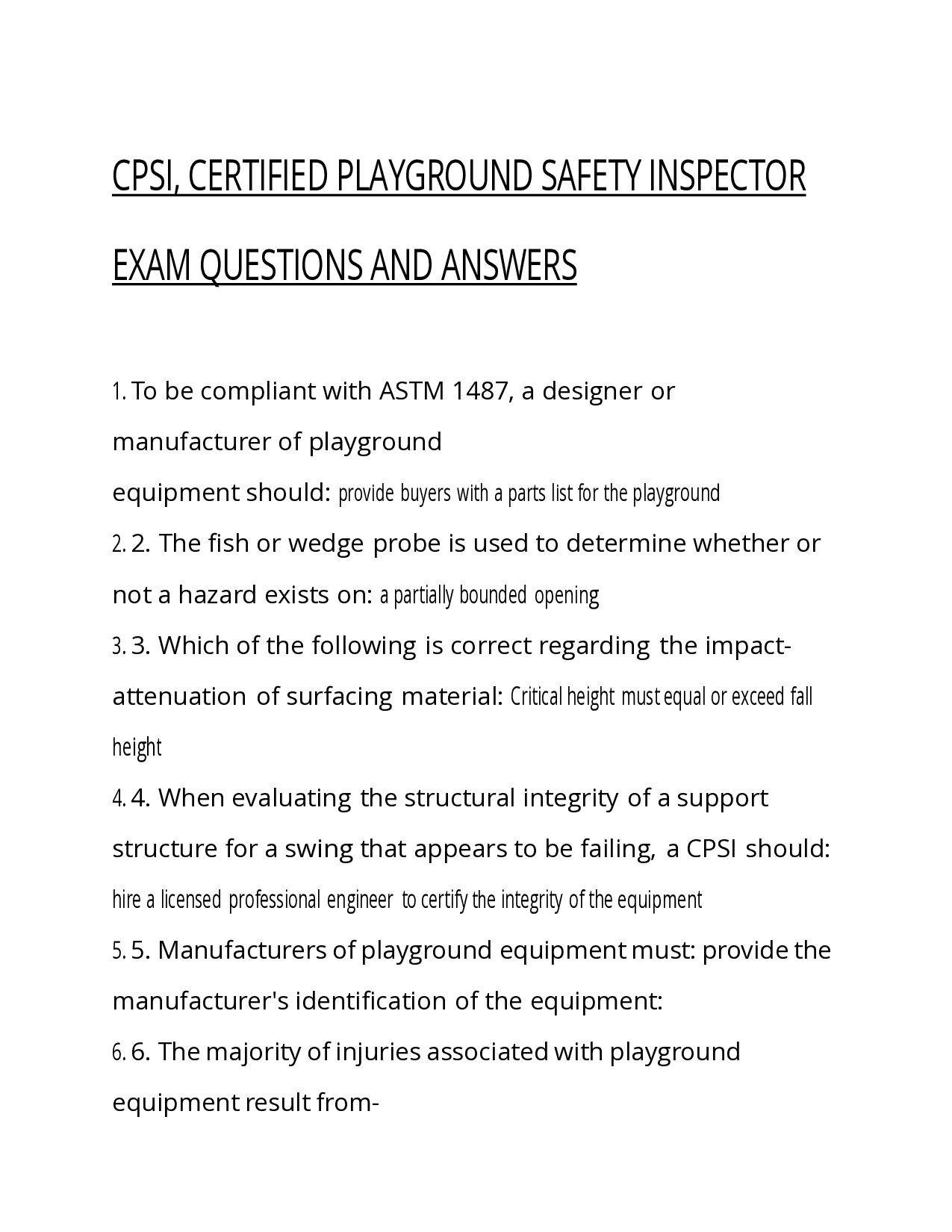 CPSI Certified Playground Safety Inspector Exam Questions and Answers 2025