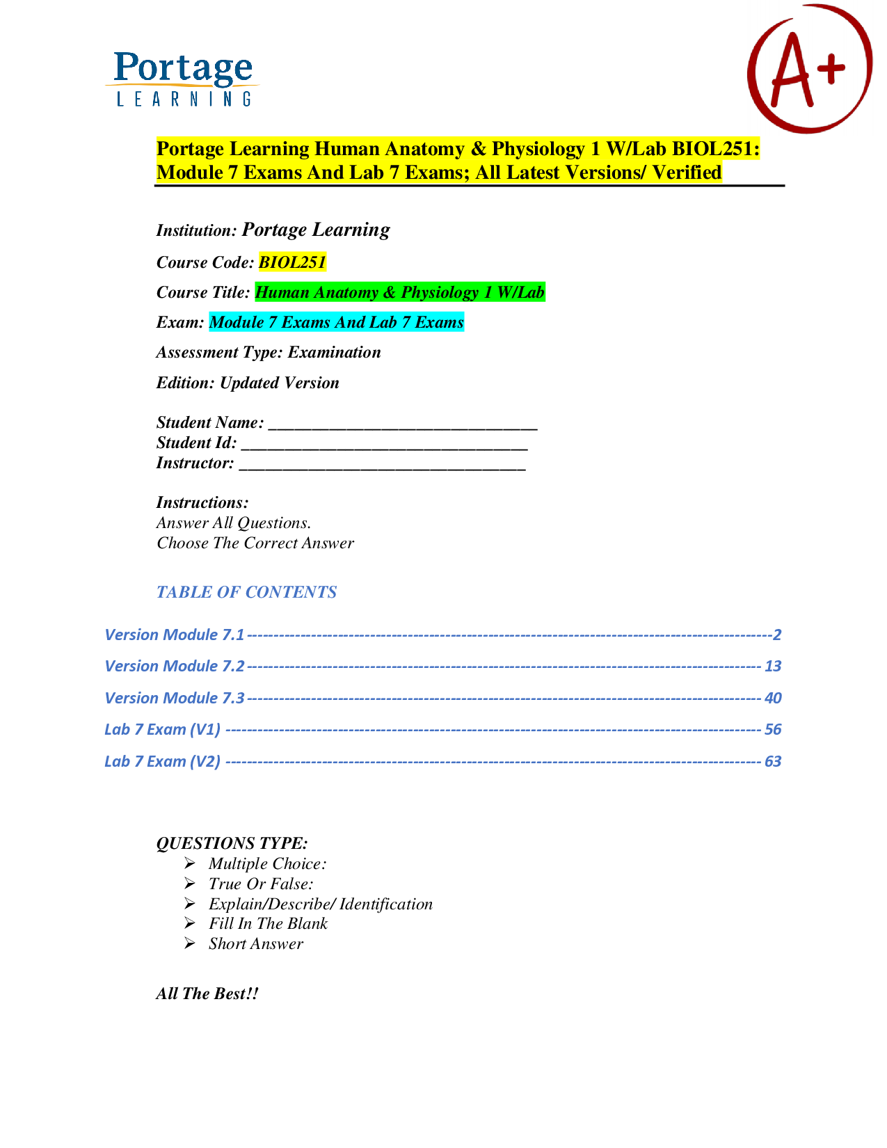 Portage Learning BIOL251 Human Anatomy & Physiology I Module 7 Exam Pack
